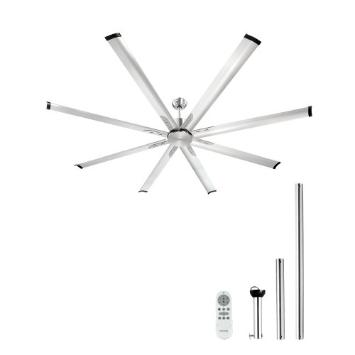 VEVOR Ventilatore da Soffitto da 213 cm Senza Luce, Telecomando a 6 Velocità, 8 Pale in Alluminio, Motore DC Reversibile, Moderno Ventilatore a Filo per Soggiorno, Patio, Nichel Spazzolato