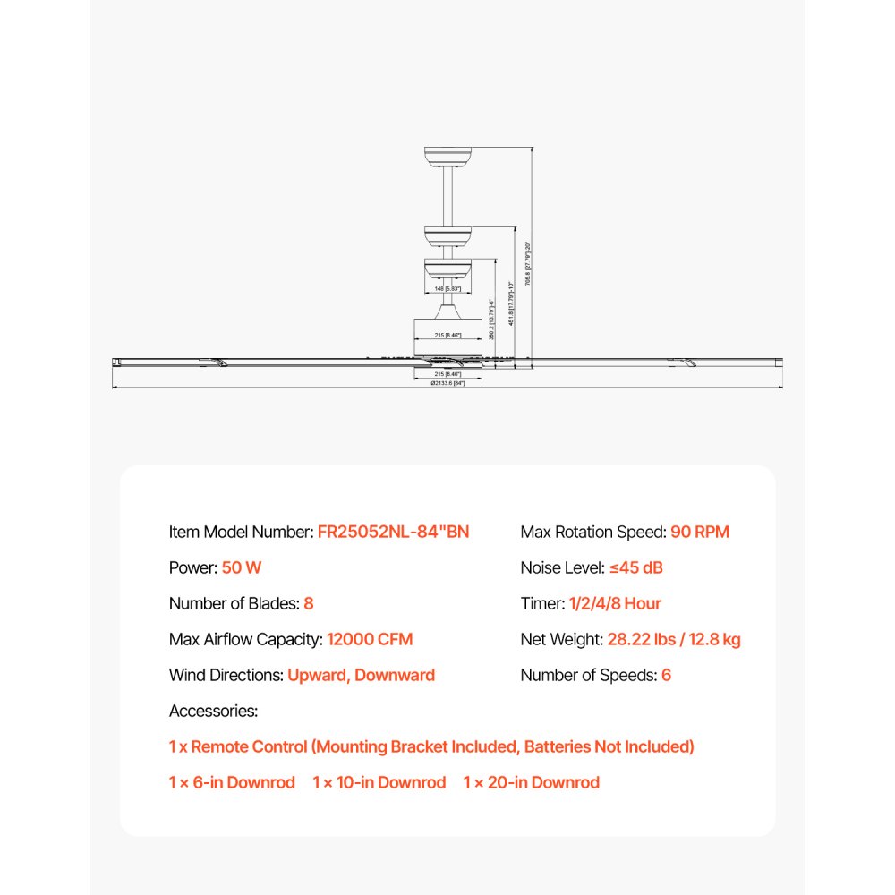 VEVOR Ventilatore da Soffitto da 213 cm Senza Luce, Telecomando a 6 Velocità, 8 Pale in Alluminio, Motore DC Reversibile, Moderno Ventilatore a Filo per Soggiorno, Patio, Nichel Spazzolato