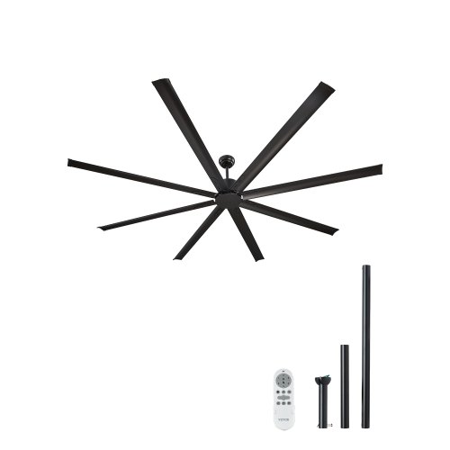 VEVOR Ventilatore da Soffitto da 244 cm Senza Luce, Telecomando a 6 Velocità, 8 Pale in Alluminio, Motore DC Reversibile, Moderno Ventilatore a Filo Basso per Soggiorno, Patio Nero