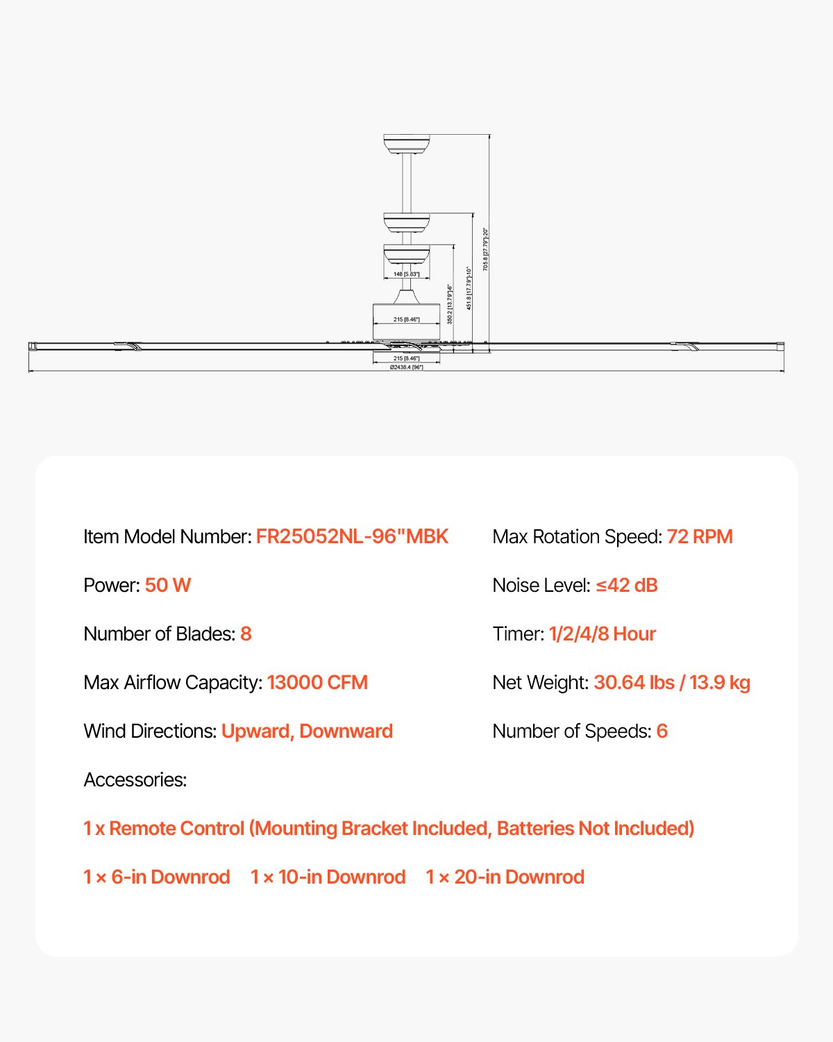 VEVOR Ventilatore da Soffitto da 244 cm Senza Luce, Telecomando a 6 Velocità, 8 Pale in Alluminio, Motore DC Reversibile, Moderno Ventilatore a Filo Basso per Soggiorno, Patio Nero