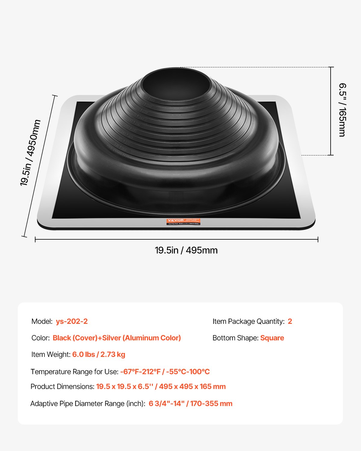 VEVOR 2-piece pipe collar set, suitable for pipe outer diameters from 170 to 355 mm, EPDM roof penetration, roof sealing flange -55 to 100℃, for chimneys, wood stoves & external ventilation pipes
