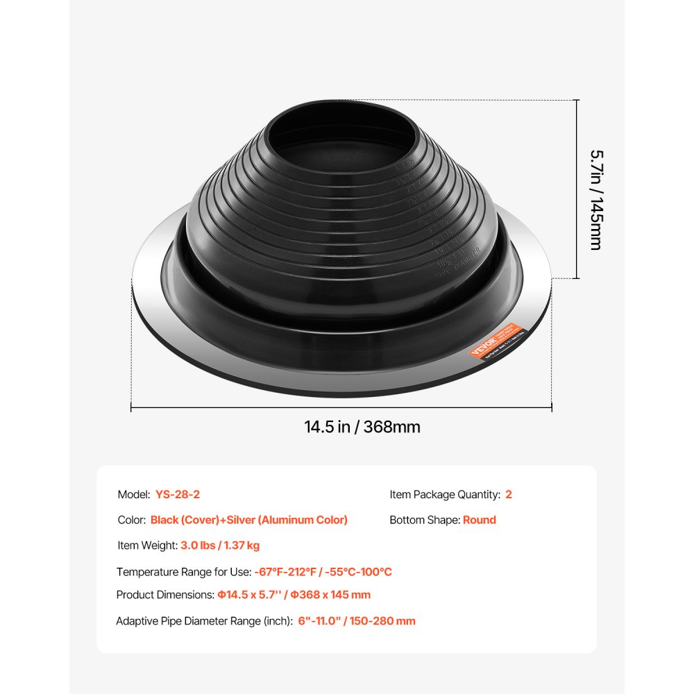 VEVOR Guarnizione per Tubo del Tetto Diametro Esterno 150-280 mm, Flessibile EDPM Tubo Lampeggiante Alta Temperatura -55℃-100℃, Base Metallica Rotonda, per Camini Stufe a Legna Tubi di Sfiato Esterni