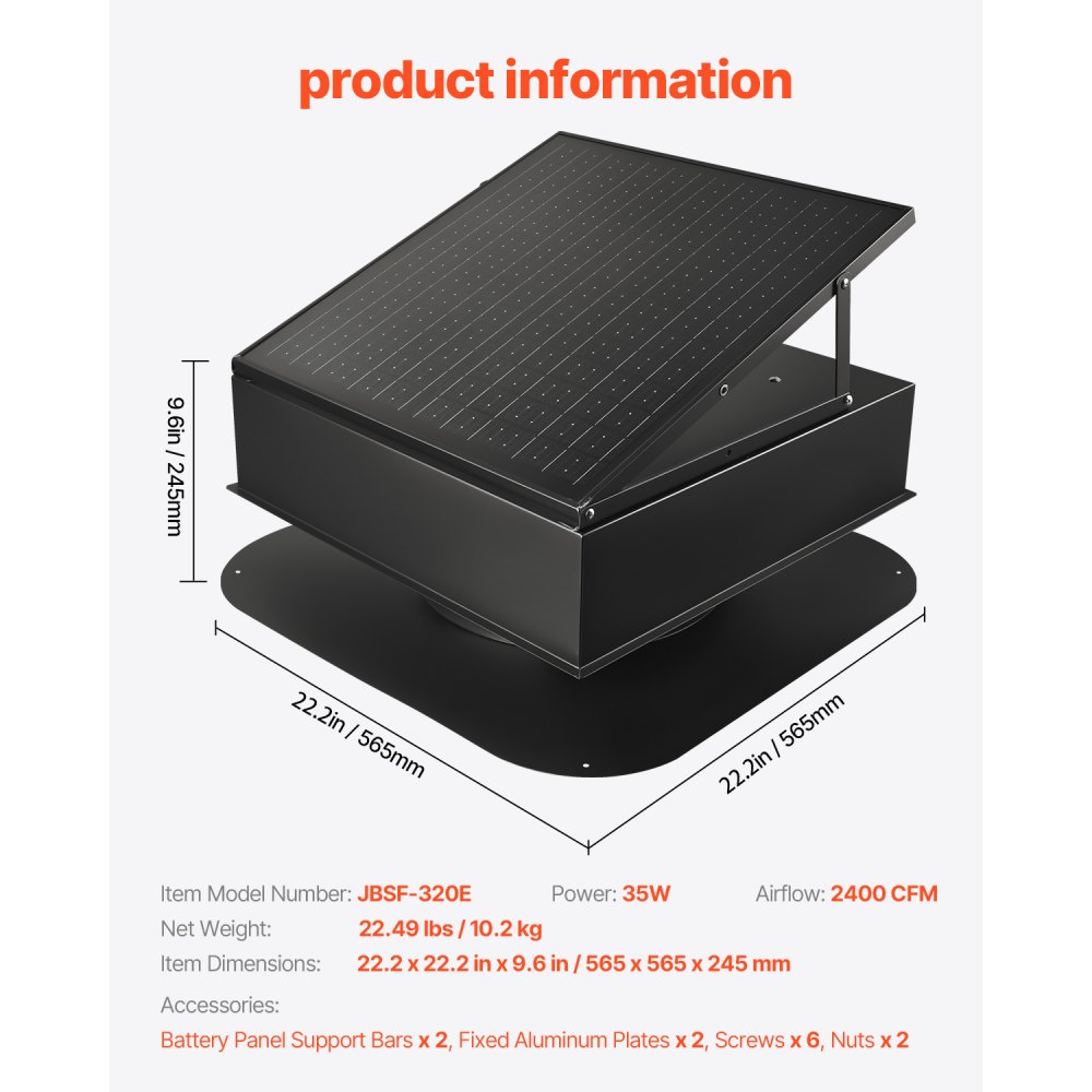 VEVOR Solar Powered Fan, 35W Smart Solar Roof Fan with Thermostat, 67960 L/min Airflow, Built-in Brushless DC Motor for Cooling & Dehumidification