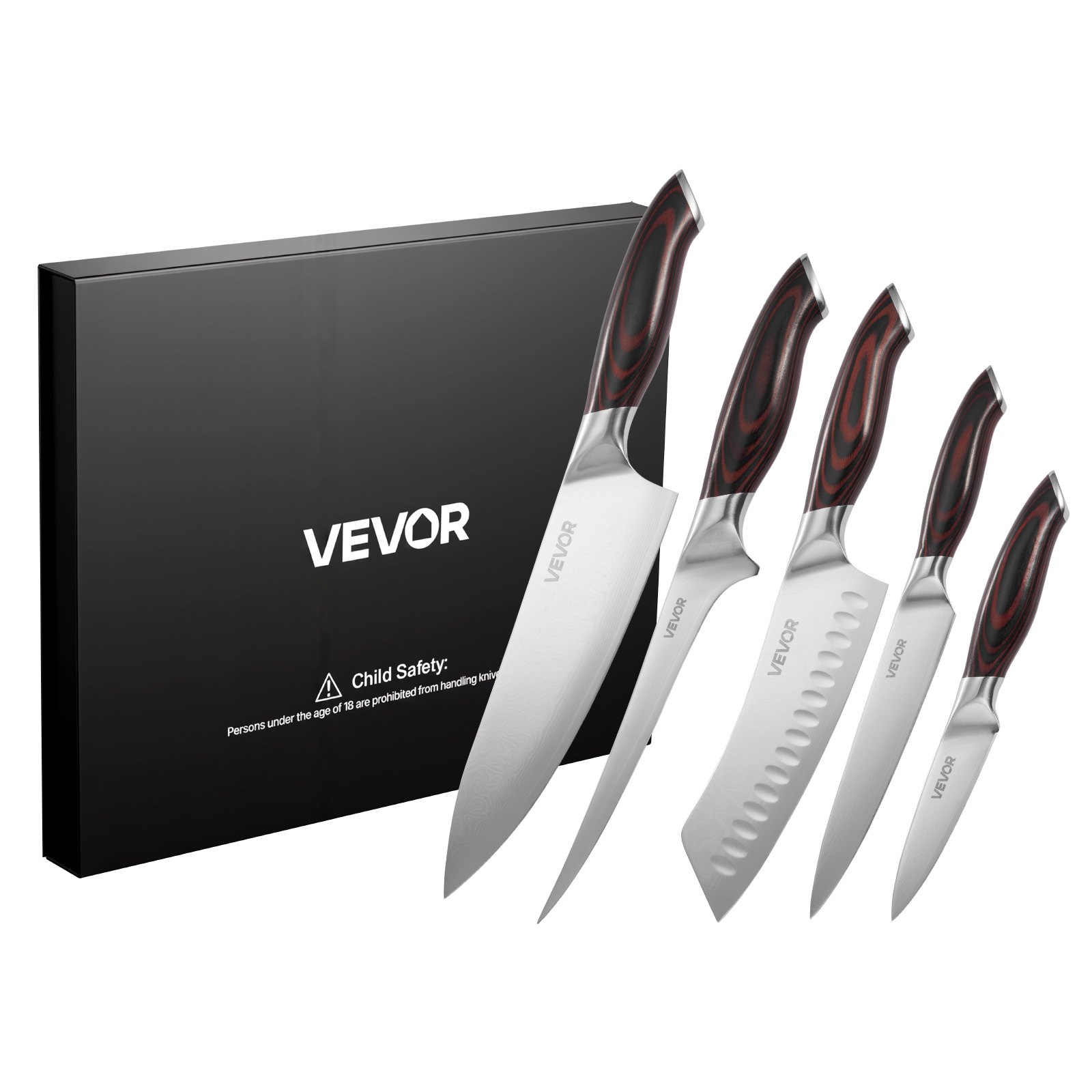 VEVOR Set di Coltelli da Cucina da 5 Pezzi, in Acciaio Inossidabile ad Alto Tenore di Carbonio, Coltello da Cucina con Impugnatura Ergonomica e Resistente alla Rottura per un Taglio Preciso