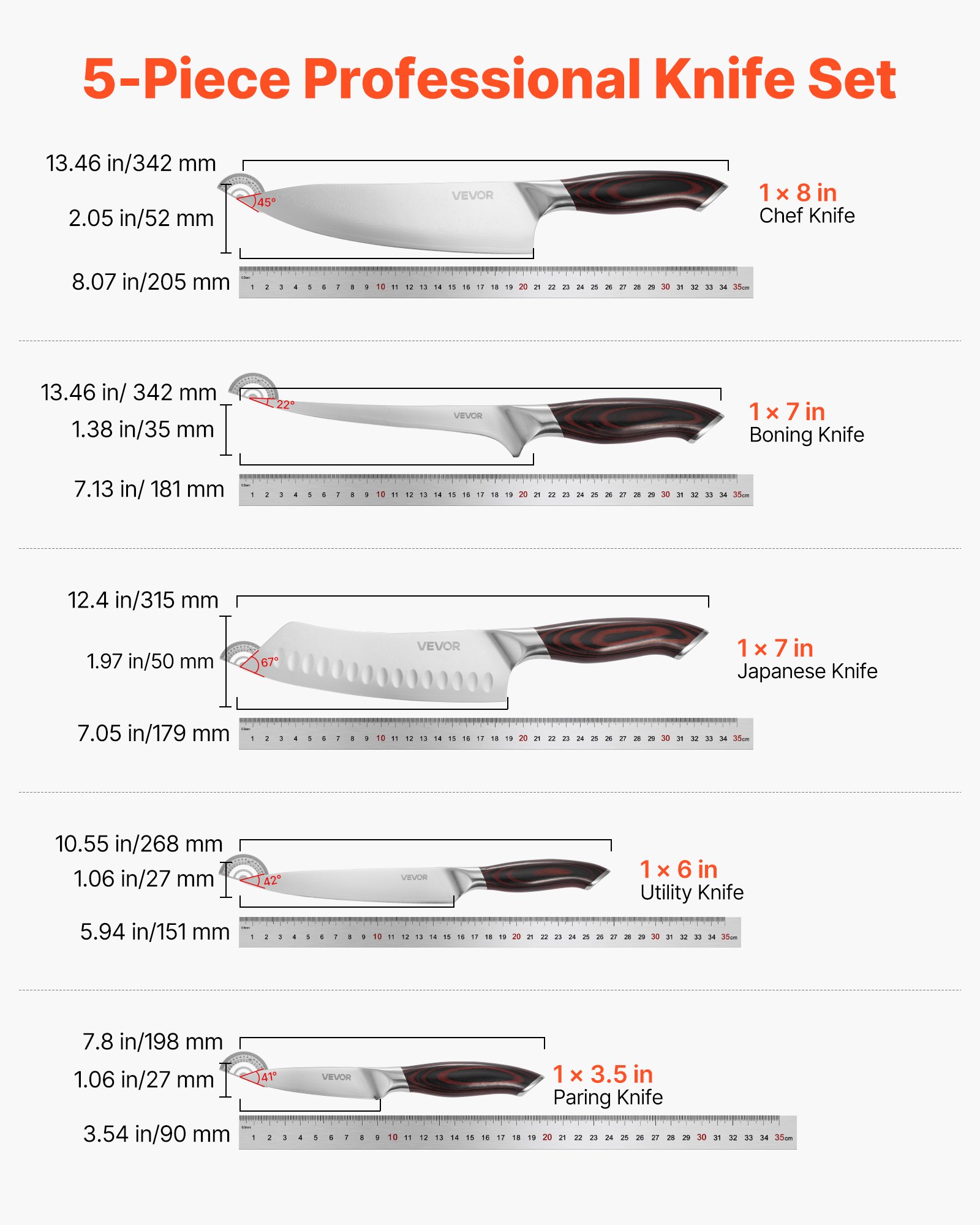 VEVOR Set di Coltelli da Cucina da 5 Pezzi, in Acciaio Inossidabile ad Alto Tenore di Carbonio, Coltello da Cucina con Impugnatura Ergonomica e Resistente alla Rottura per un Taglio Preciso