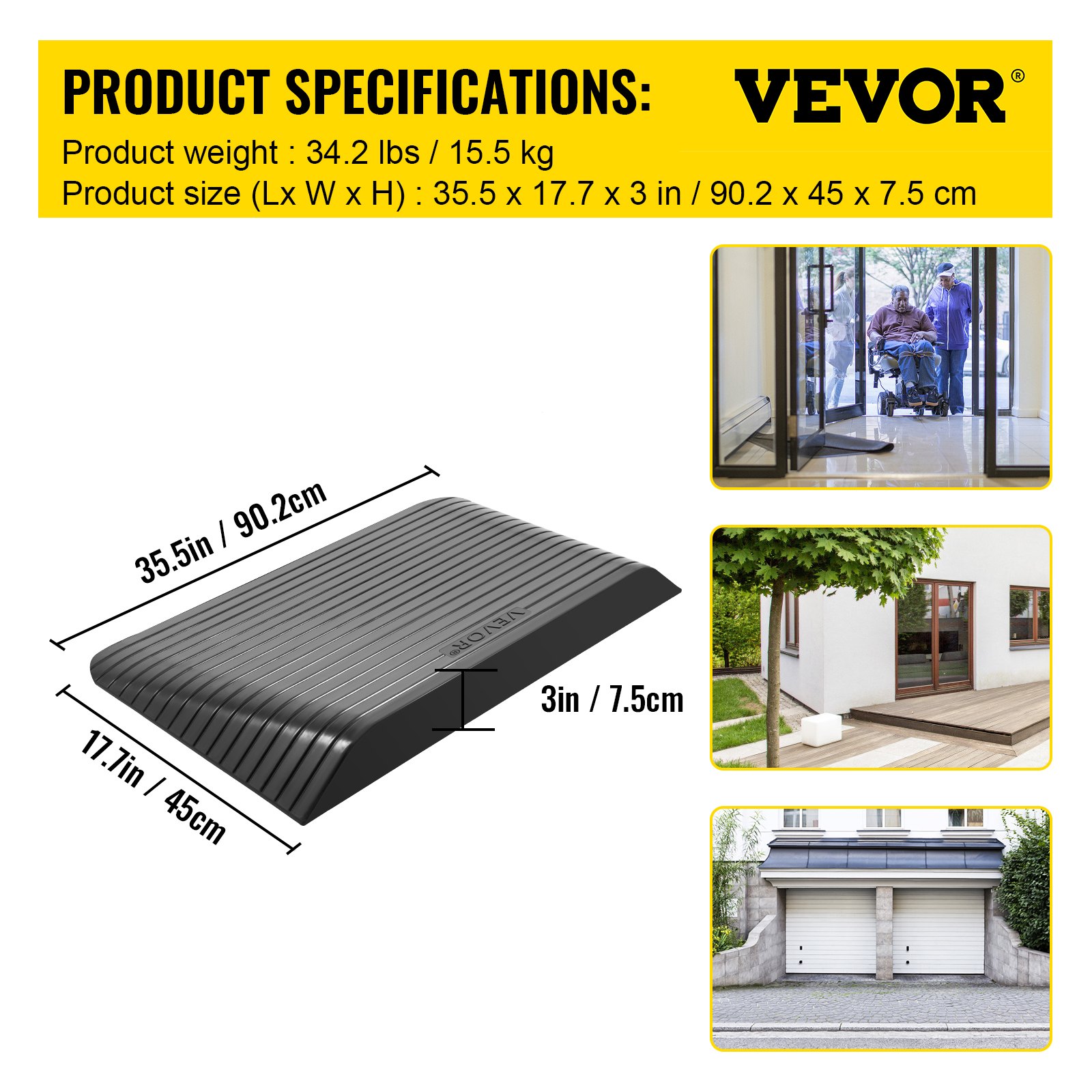 VEVOR Rampa in Gomma per Porta Soglia da 90,2 x 45 x 7,5 cm, Rampa per Marciapiede in Nero Carico 1000 kg, Rampe di Soglia per Sedia a Rotelle Uso in Balcone, Bagno, Soglie e il Cordolo per Gradini