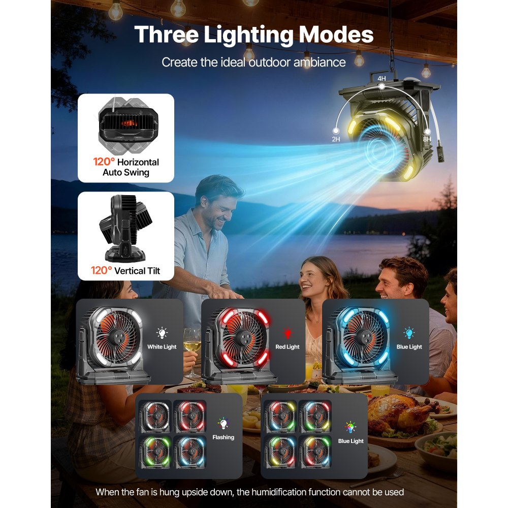 VEVOR Ventilatore con Funzione Nebulizzazione con Serbatoio dell'Acqua da 9 Litri, 4 Velocità del Vento e 5 Modalità di Illuminazione, Ventilatori di Raffreddamento ad Acqua per Interni, Esterni