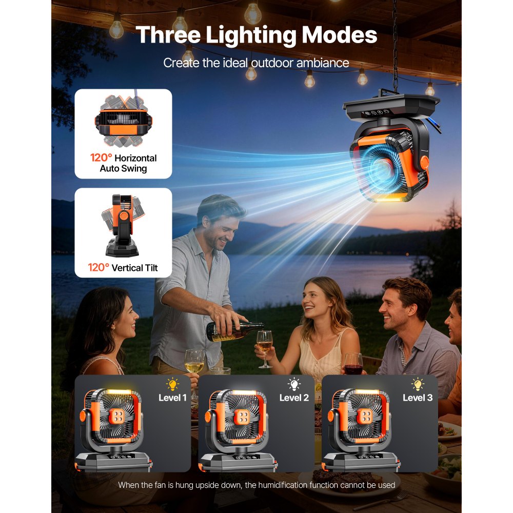 VEVOR Ventilatore Nebulizzatore da Campeggio con Motore, con Serbatoio dell'Acqua da 12 Litri, 4 Velocità del Vento e 3 Modalità di Illuminazione, Ventilatori di Raffreddamento ad Acqua per Interni