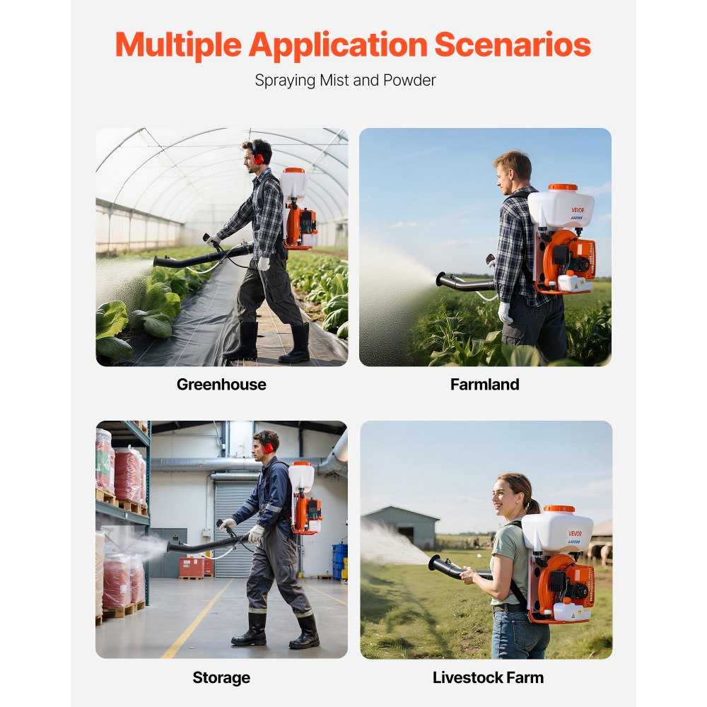VEVOR Nebulizzatore a Zaino, Motore da 63 cc e 3 CV, Nebulizzatore a Gas con Serbatoio da 16 l, Sistema di Nebulizzazione a Polvere e Liquido per un Efficace Controllo di Giardinaggio e Agricoltura