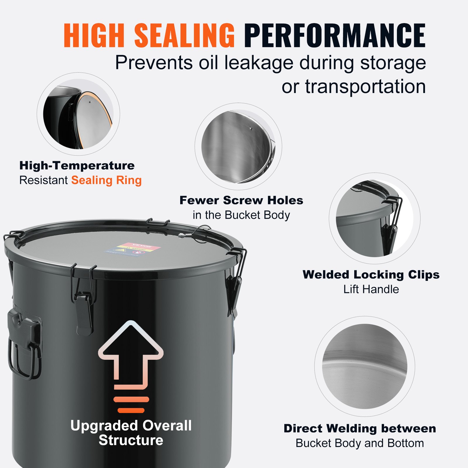 VEVOR Secchio per Grasso di Friggitrice, Contenitore per Smaltimento Olio da 8 Gal Secchio per Olio per Friggitrice in Acciaio Inox Contenitore per Trasporto Olio Clip di Chiusura, Nero