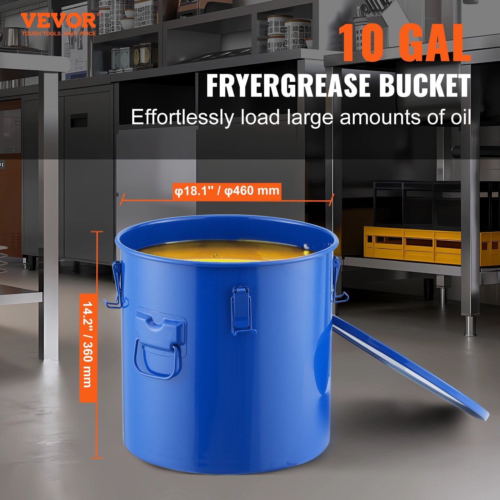 VEVOR Secchio per Grasso per Friggitrice, 10 Gal Secchio per Olio per Friggitrice in Acciaio al Carbonio Coperchio, Clip Chiusura, Sacchetto Filtro per Il Filtraggio dell'Olio da Cucina Caldo, Blu