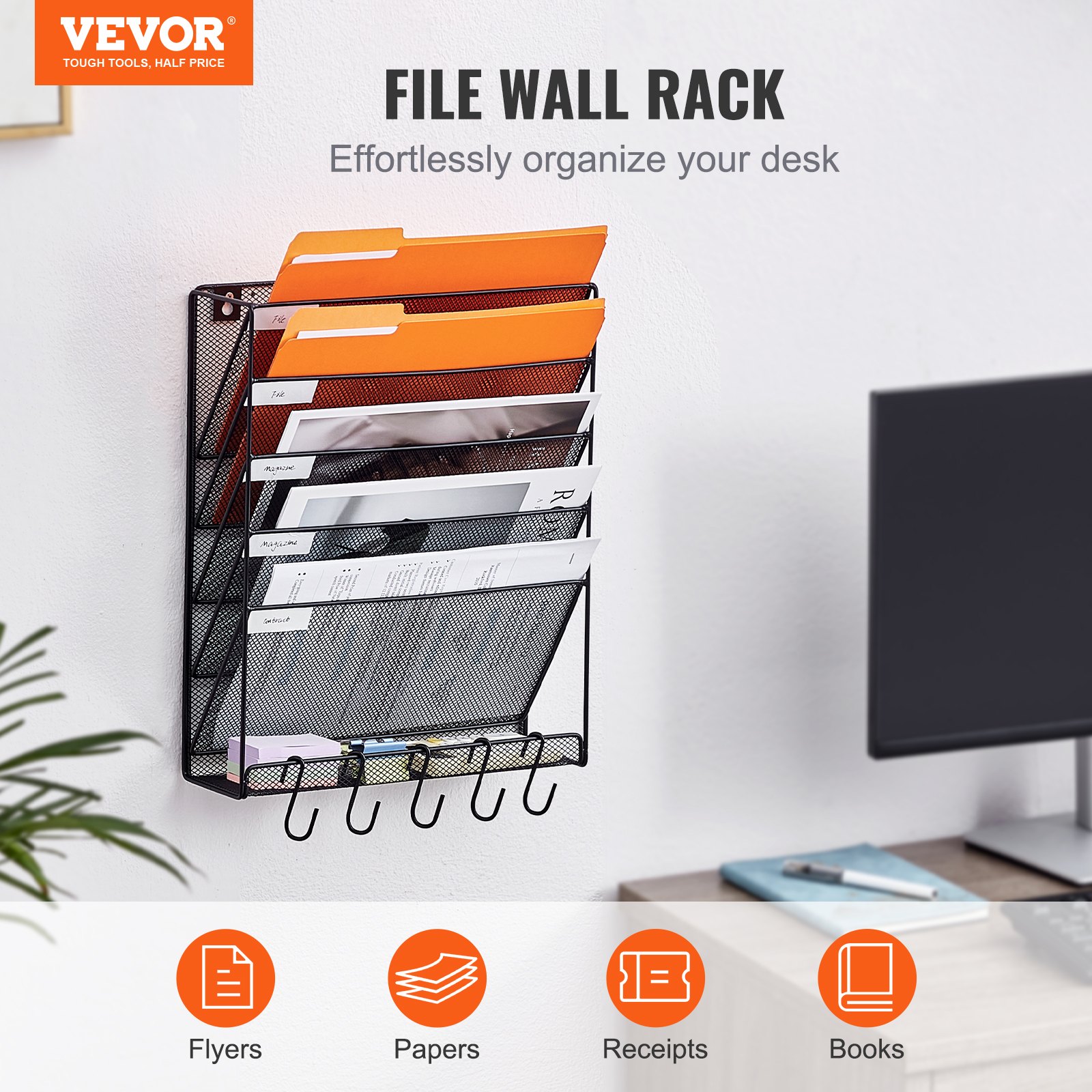 VEVOR Wall-Mounted Newspaper Holder/File Holder with 6 Compartments, Storage Folder for Magazines, Mail, Papers, and Documents, Wall-Mounted Magazine Holder Organizer, Brochure Holder, File Tray for Office and School (Black)