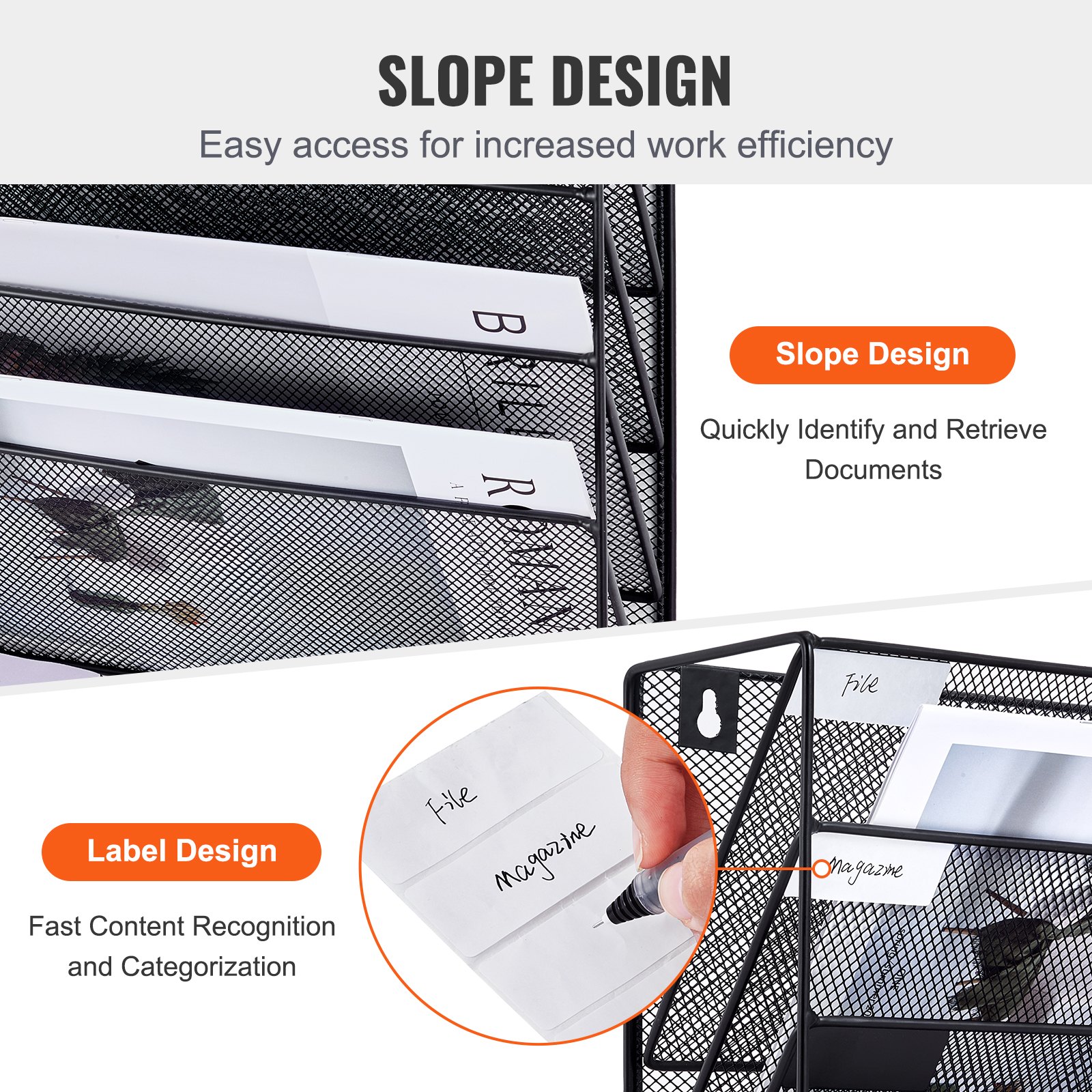 VEVOR Wall-Mounted Newspaper Holder/File Holder with 6 Compartments, Storage Folder for Magazines, Mail, Papers, and Documents, Wall-Mounted Magazine Holder Organizer, Brochure Holder, File Tray for Office and School (Black)