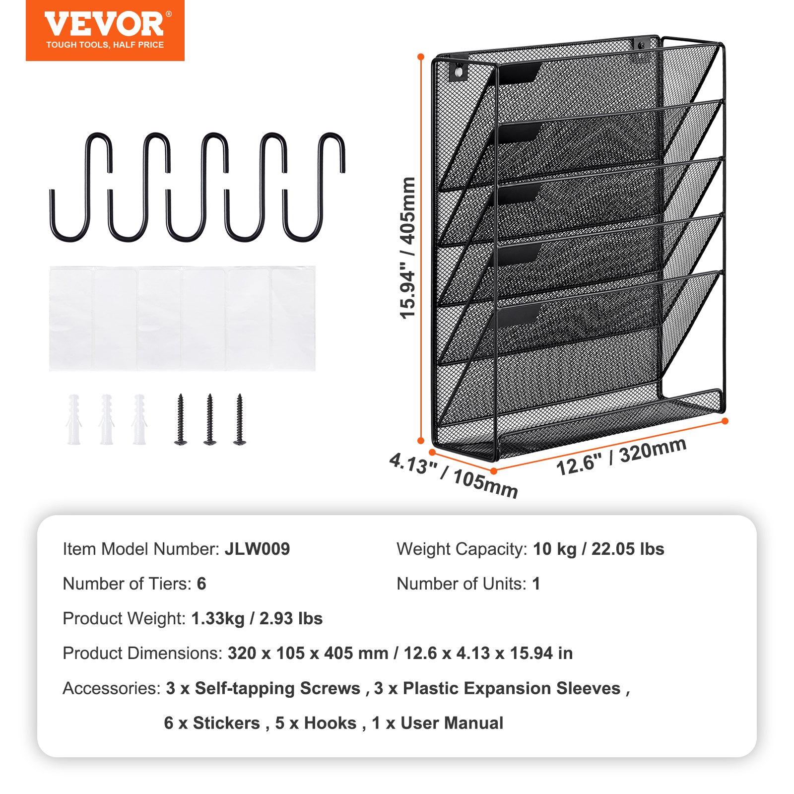 VEVOR Wall-Mounted Newspaper Holder/File Holder with 6 Compartments, Storage Folder for Magazines, Mail, Papers, and Documents, Wall-Mounted Magazine Holder Organizer, Brochure Holder, File Tray for Office and School (Black)