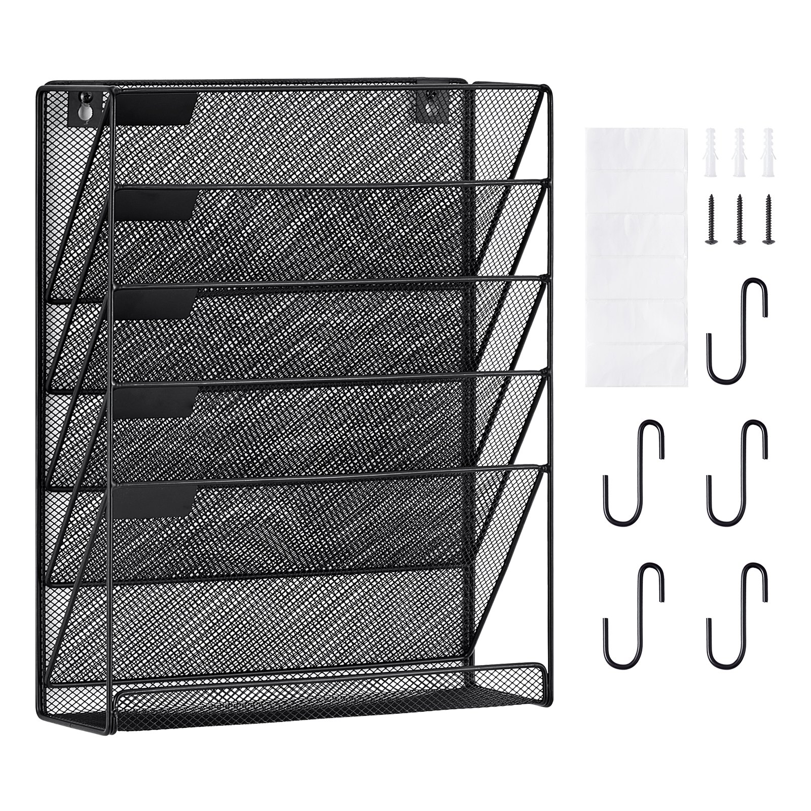 VEVOR Wall-Mounted Newspaper Holder/File Holder with 6 Compartments, Storage Folder for Magazines, Mail, Papers, and Documents, Wall-Mounted Magazine Holder Organizer, Brochure Holder, File Tray for Office and School (Black)