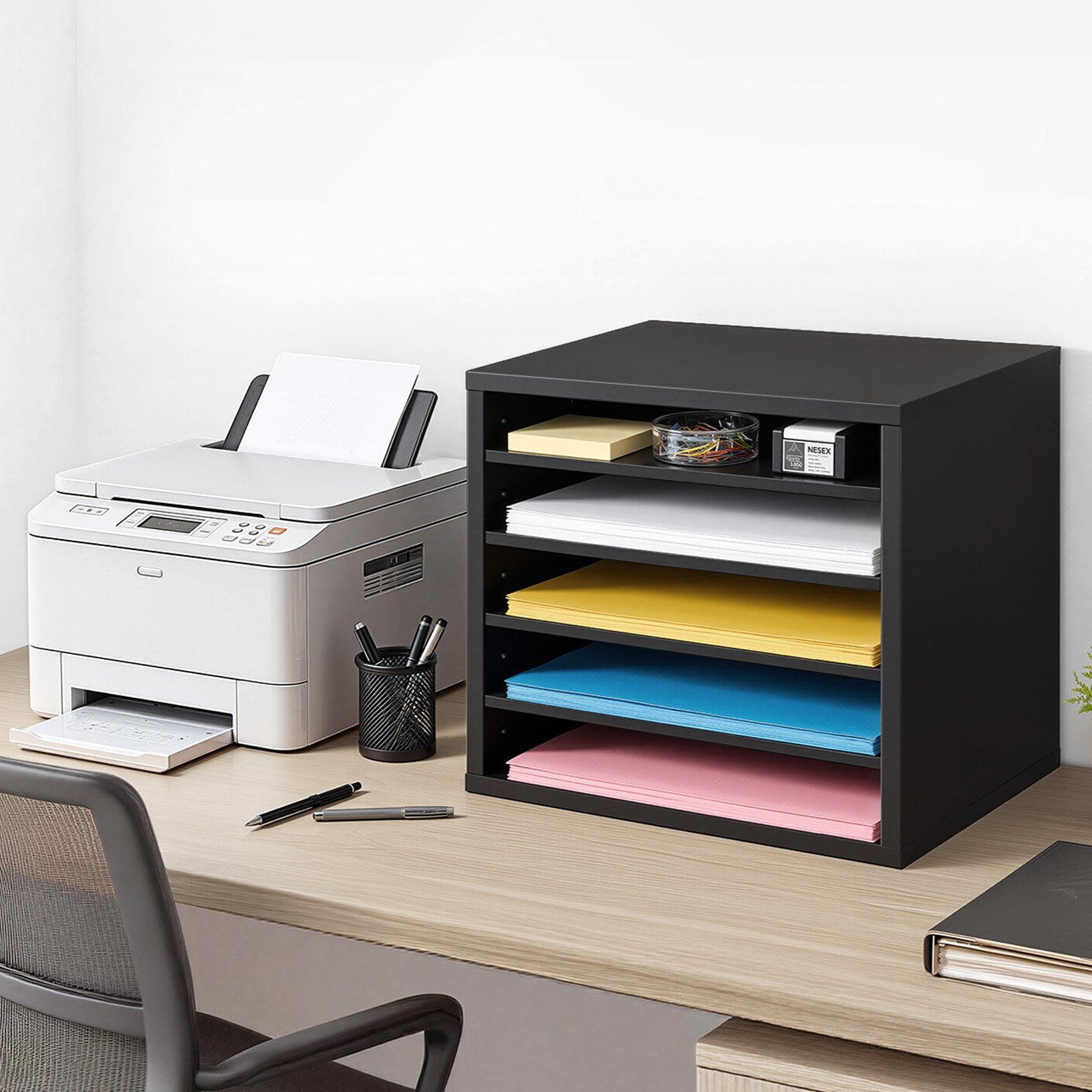 VEVOR Portadocumenti da Scrivania con 5 Scomparti Ripiani Regolabile, Vassoio Portalettere in Legno Portacarte per Ufficio Casa, Organizer per File Carte Portacarte da Scrivania 355 x 305 x 330 mm