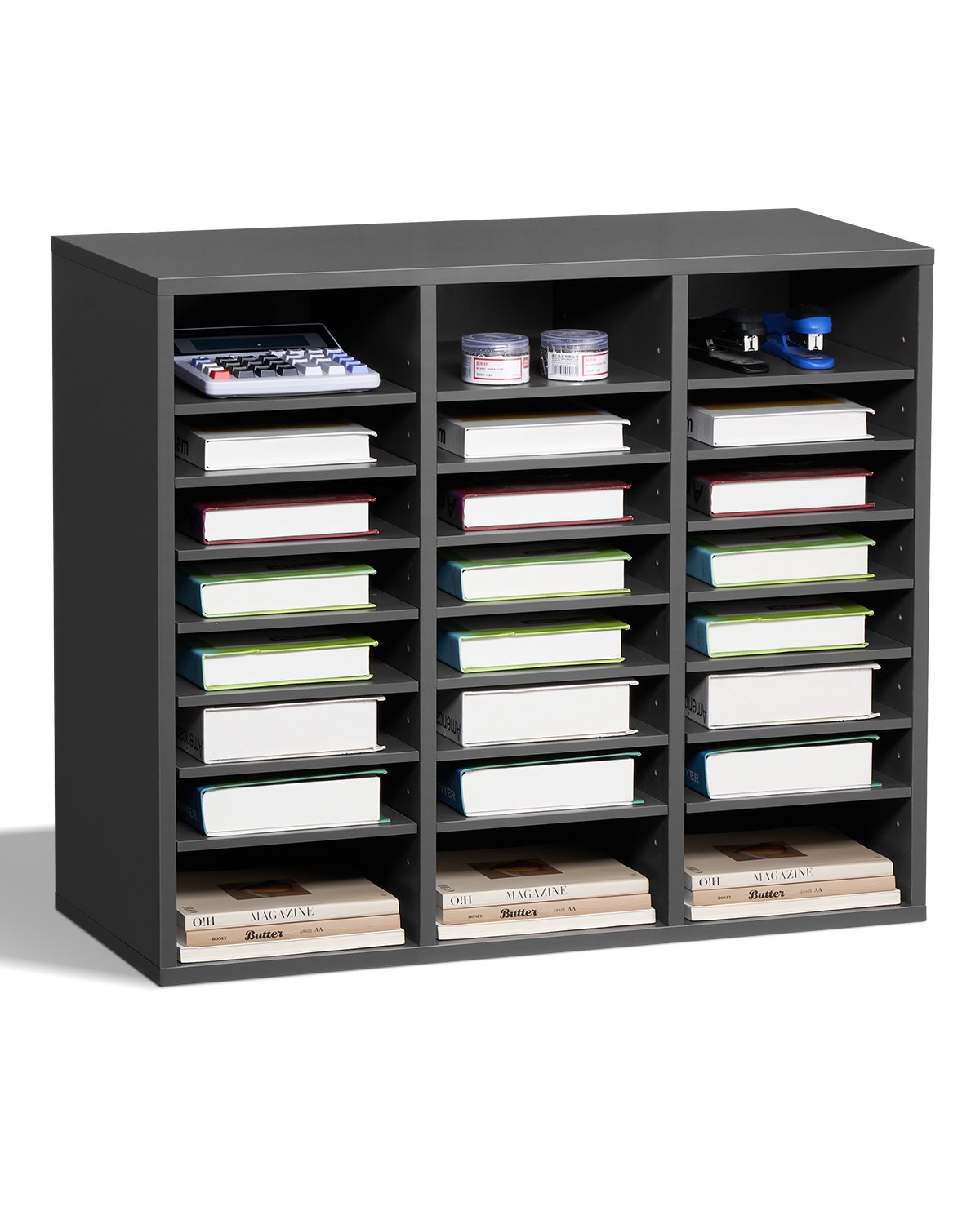 VEVOR Organizzatore per Letteratura 737 x 305 x 620 mm Vassoio Raccoglitore per Lettere Portadocumenti in Truciolare e MDF, 24 Scomparti e Ripiani Regolabili, Portaoggetti per Ufficio Aula, Grigio