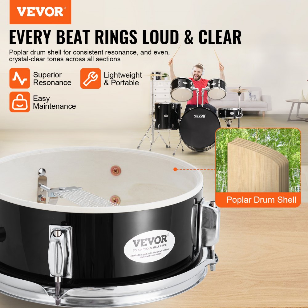 VEVOR Kit di Batteria per Bambini, Set Completo per Principianti, 5 Pezzi, Kit con Basso Tom, Rullante, Trono, Piatto, Pedale Hi-Hat e Due Paia di Bacchette, Kit Tamburo Principianti 558,8 mm, Nero