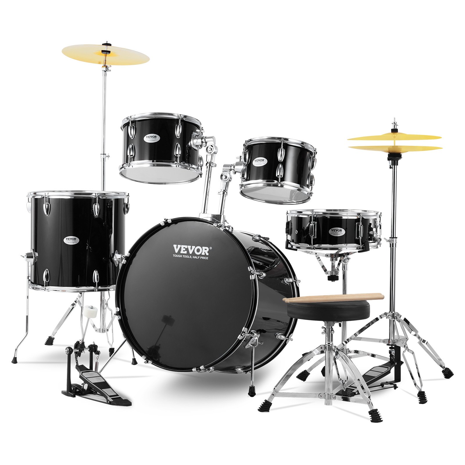 VEVOR Kit di Batteria per Bambini, Set Completo per Principianti, 5 Pezzi, Kit con Basso Tom, Rullante, Trono, Piatto, Pedale Hi-Hat e Due Paia di Bacchette, Kit Tamburo Principianti 558,8 mm, Nero