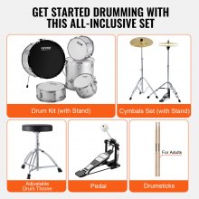 VEVOR Kit di Batteria per Bambini, Set Completo per Principianti, 5 Pezzi, Kit con Basso Tom, Rullante, Trono, Piatto, Pedale Hi-Hat Due Paia di Bacchette, Kit Tamburo Principianti 558,8 mm, Argento