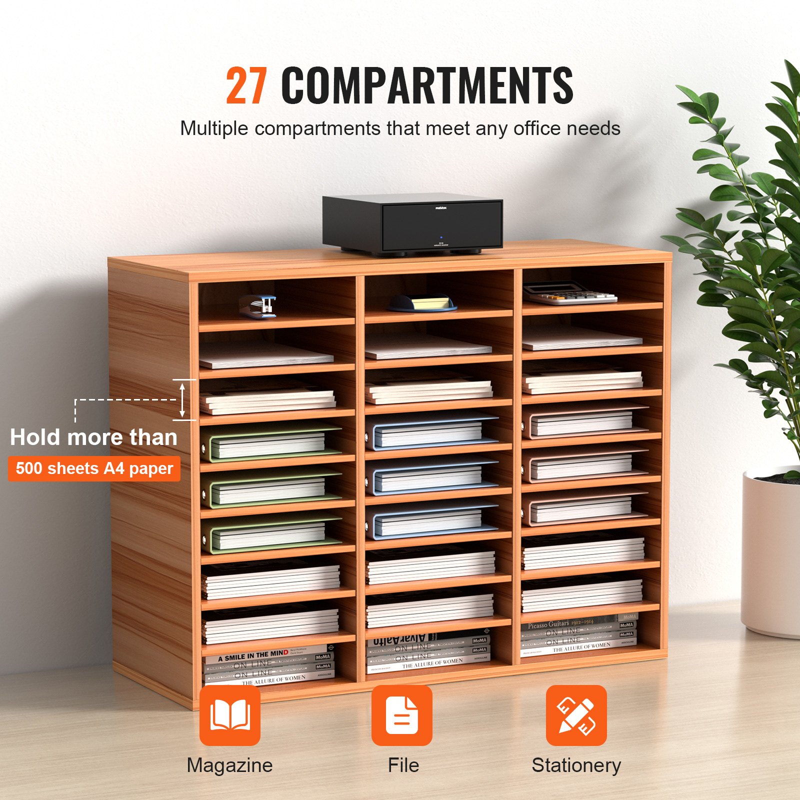 VEVOR Cassetto Mobiletto Portadocumenti max. 27 Scomparti Portadocumenti, Cassetto Portadocumenti in Legno Materiale MDF Organizzatore in Legno per Documenti Carte Riviste File per Ufficio, Scuola