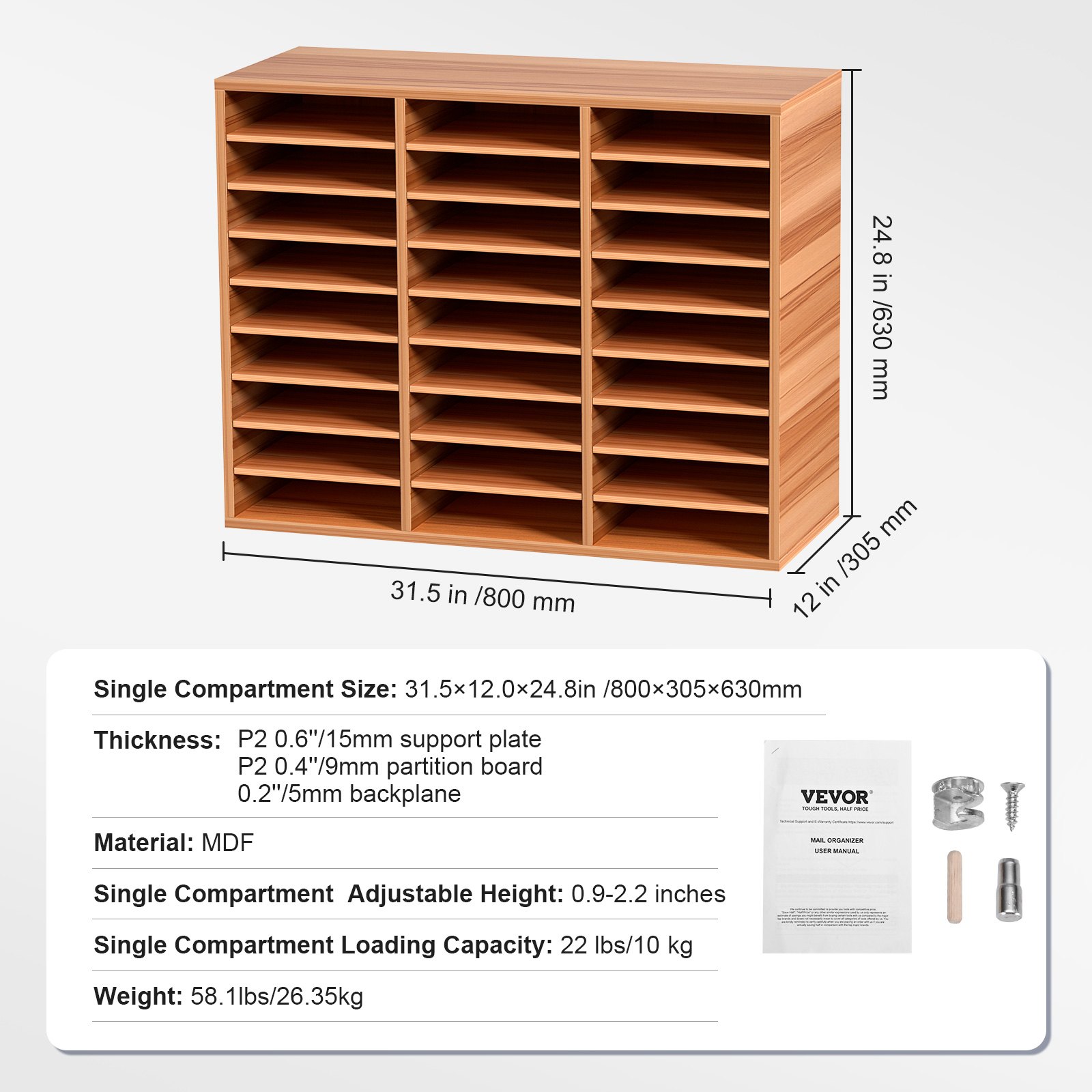 VEVOR Cassetto Mobiletto Portadocumenti max. 27 Scomparti Portadocumenti, Cassetto Portadocumenti in Legno Materiale MDF Organizzatore in Legno per Documenti Carte Riviste File per Ufficio, Scuola