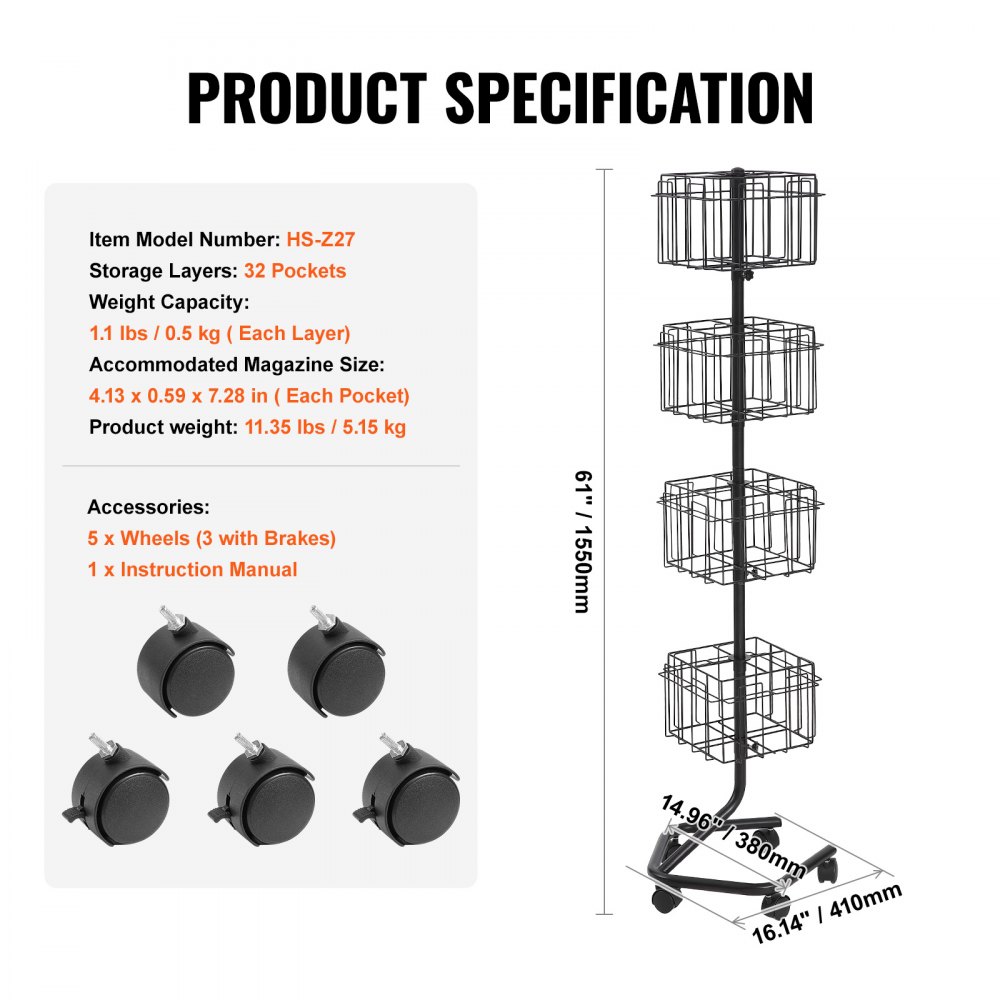 VEVOR Brochure Stand, Floor Brochure Stand, 32 Compartments, Mesh Literature Stand, Newspaper Catalog Stand, Booklet Stand with 5 Casters (2 Lockable) for Shops, Exhibitions, Offices, 41 x 38 x 155 cm