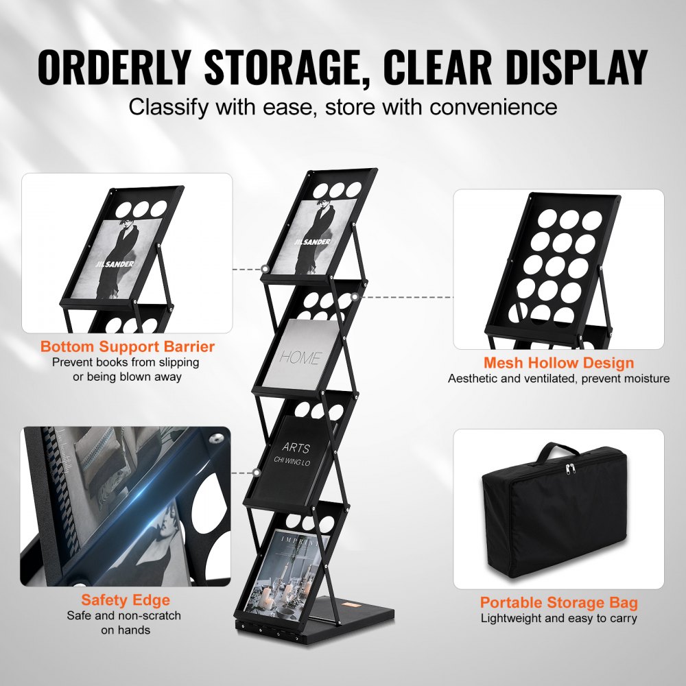 VEVOR Brochure Stand, Floor Brochure Stand, 4 Compartments, Foldable, Literature Stand, Newspaper Catalog Stand, Booklet Stand with Carrying Bag for Shops, Exhibitions, Offices, 27 x 36 x 125 cm, Black