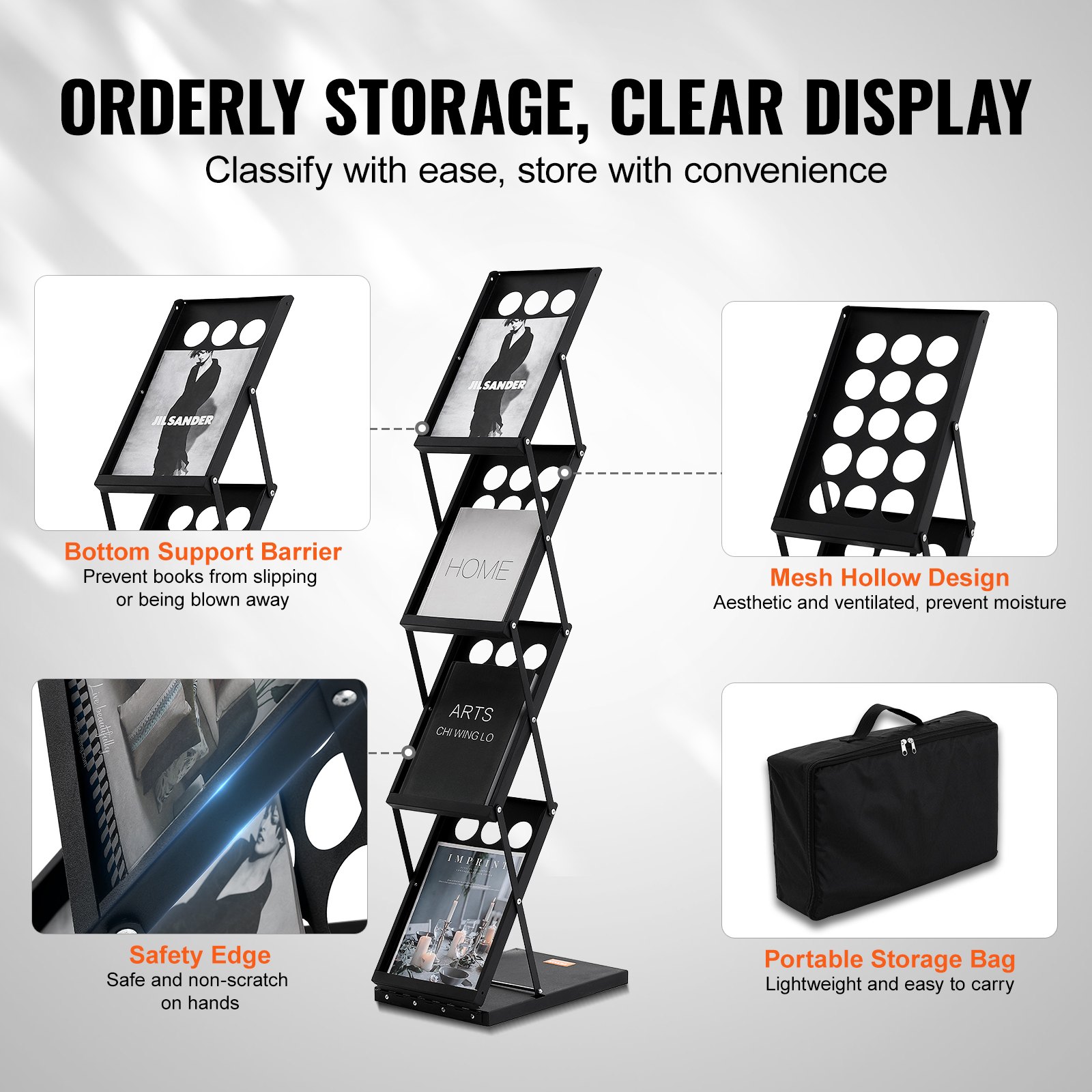 VEVOR Brochure Stand, Floor Brochure Stand, 4 Compartments, Foldable, Literature Stand, Newspaper Catalog Stand, Booklet Stand with Carrying Bag for Shops, Exhibitions, Offices, 27 x 36 x 125 cm, Black