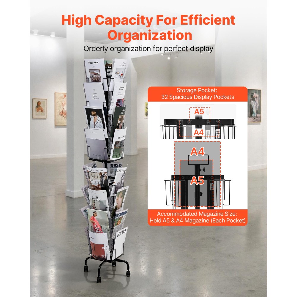 VEVOR Greeting Cards Display Rack, 32 Pockets Rotating Postcard Brochure Display Stand, 360° Spinning Card Display Rack with Sign Holder & 4 Wheels (2 Lockable) for Exhibitions Office Trade Show