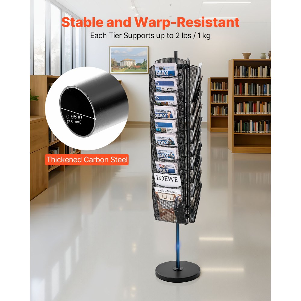 VEVOR Rotating Brochure Display Rack, 30 Pockets Mesh Magazine Literature Display Stand, Portable Floor Standing Magazine Rack, Metal Newspaper Catalog Holders for Shop Exhibitions Office Trade Show
