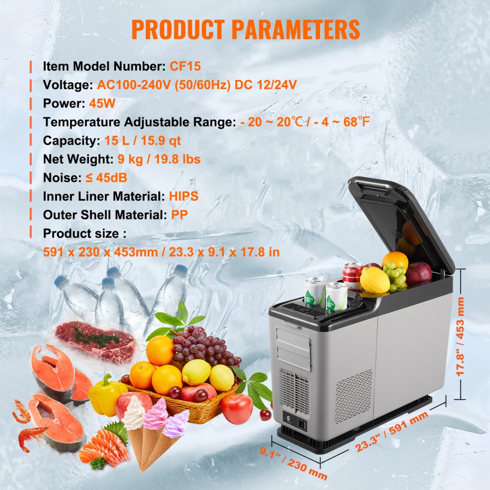 VEVOR Frigorifero per Auto, Frigorifero Bracciolo 12 V, Congelatore Zona Singola 15 L, Gamma Regolabile -20 ~ 20 ℃, Raffreddamento a Compressore 12/24 V CC e 100-240 V CA per Esterno, Campeggio