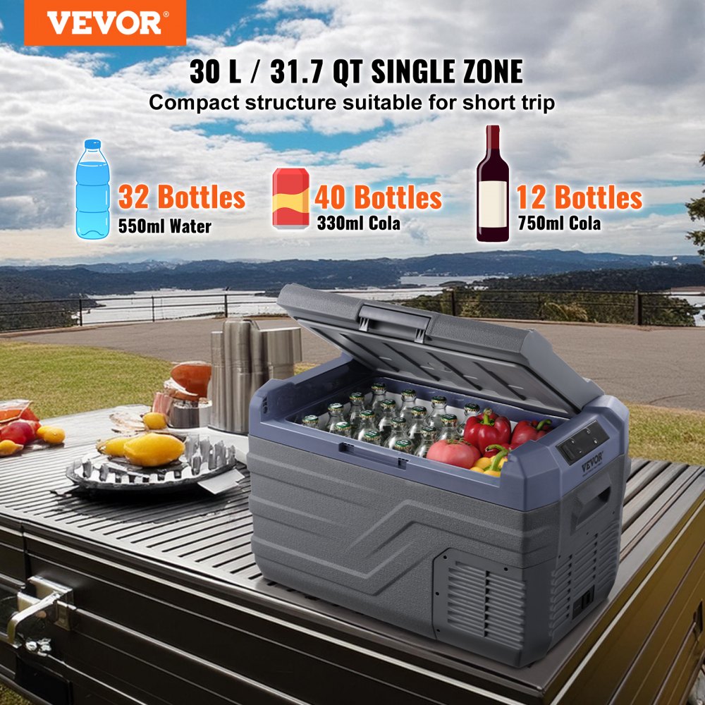 VEVOR Frigorifero per Auto, Frigo per Auto da 12 Volt, Congelatore Portatile a Zona Singola da 30 L con Luce Integrata, -20 ~ 20 ℃, 12/24V DC e 100-240V AC Compressore per Esterno, Campeggio, Camper