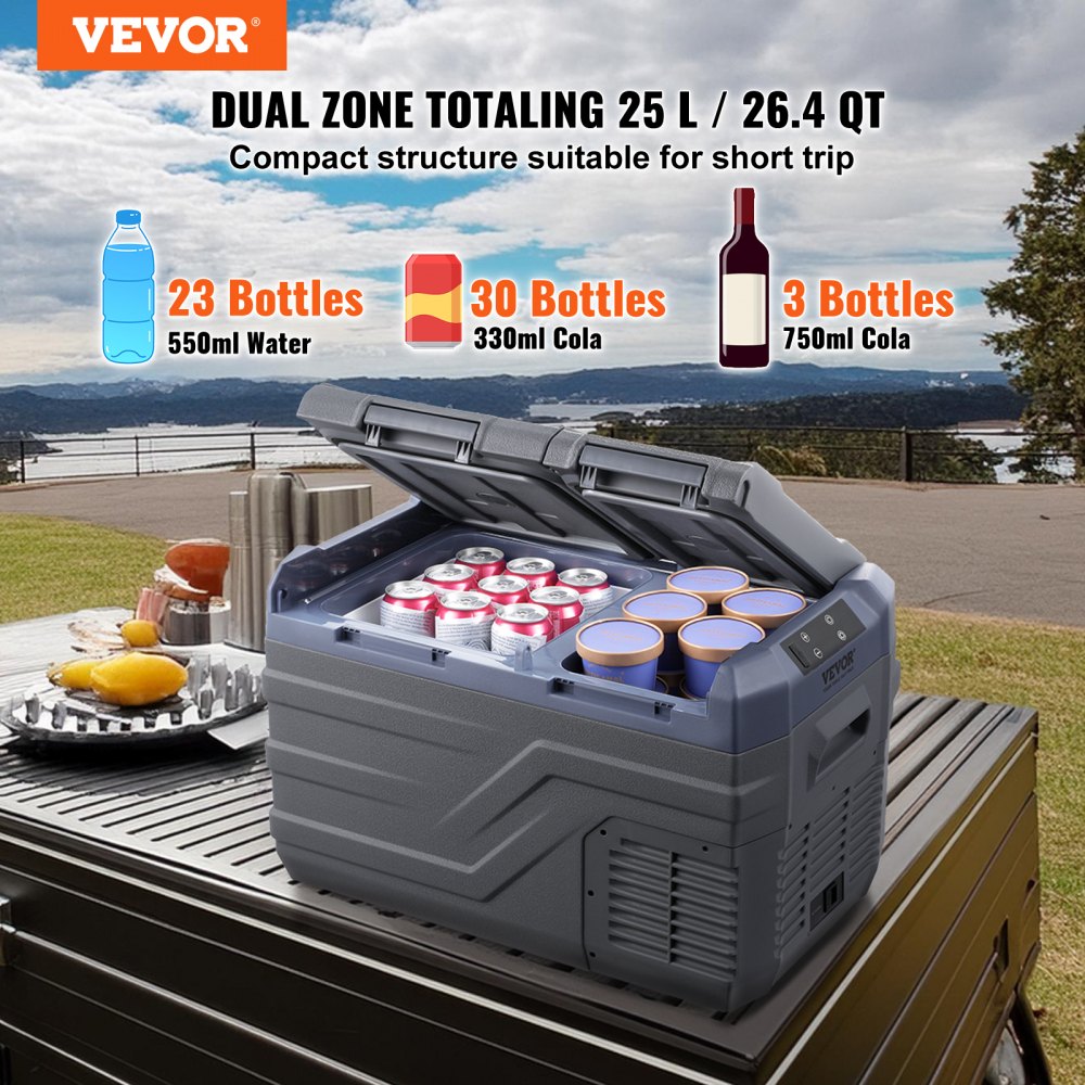 VEVOR Frigorifero per Auto, Congelatore Portatile Doppia Zona 25 L, 12 Volt, Gamma Regolabile da -20 ~ 20 ℃, Dispositivo di Raffreddamento a Compressore 12/24 V CC e 100-240 V CA per Campeggio Camper