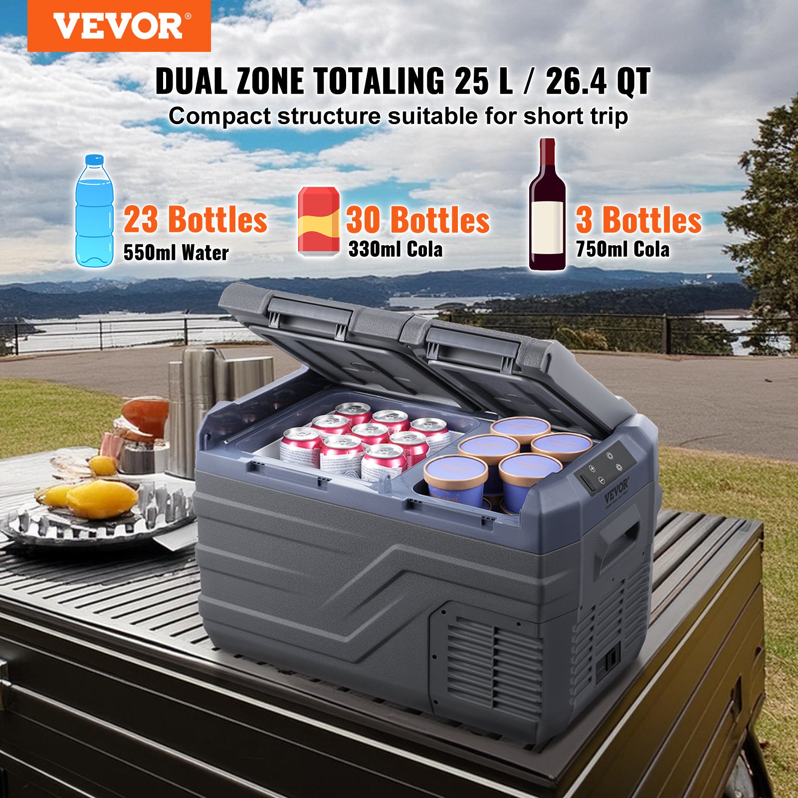 VEVOR Frigorifero per Auto, Congelatore Portatile Doppia Zona 25 L, 12 Volt, Gamma Regolabile da -20 ~ 20 ℃, Dispositivo di Raffreddamento a Compressore 12/24 V CC e 100-240 V CA per Campeggio Camper