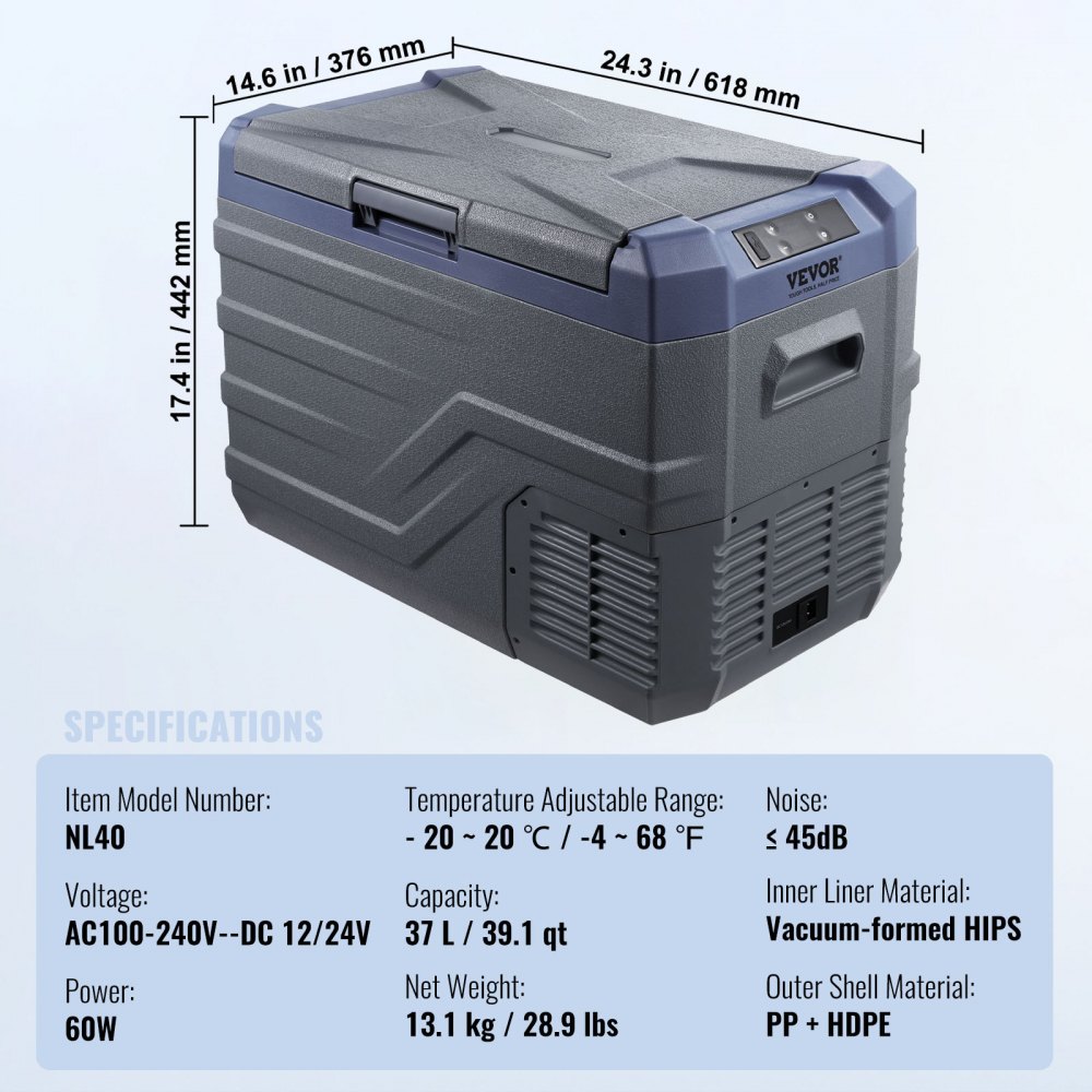 VEVOR Frigorifero per Auto, Frigo per Auto 12V, Congelatore Portatile a Zona Singola 37L con Luce Incorporata, -4℉-68℉, 12/24V DC e 100-240V AC Compressore per Esterni, Campeggio, Camper, RV