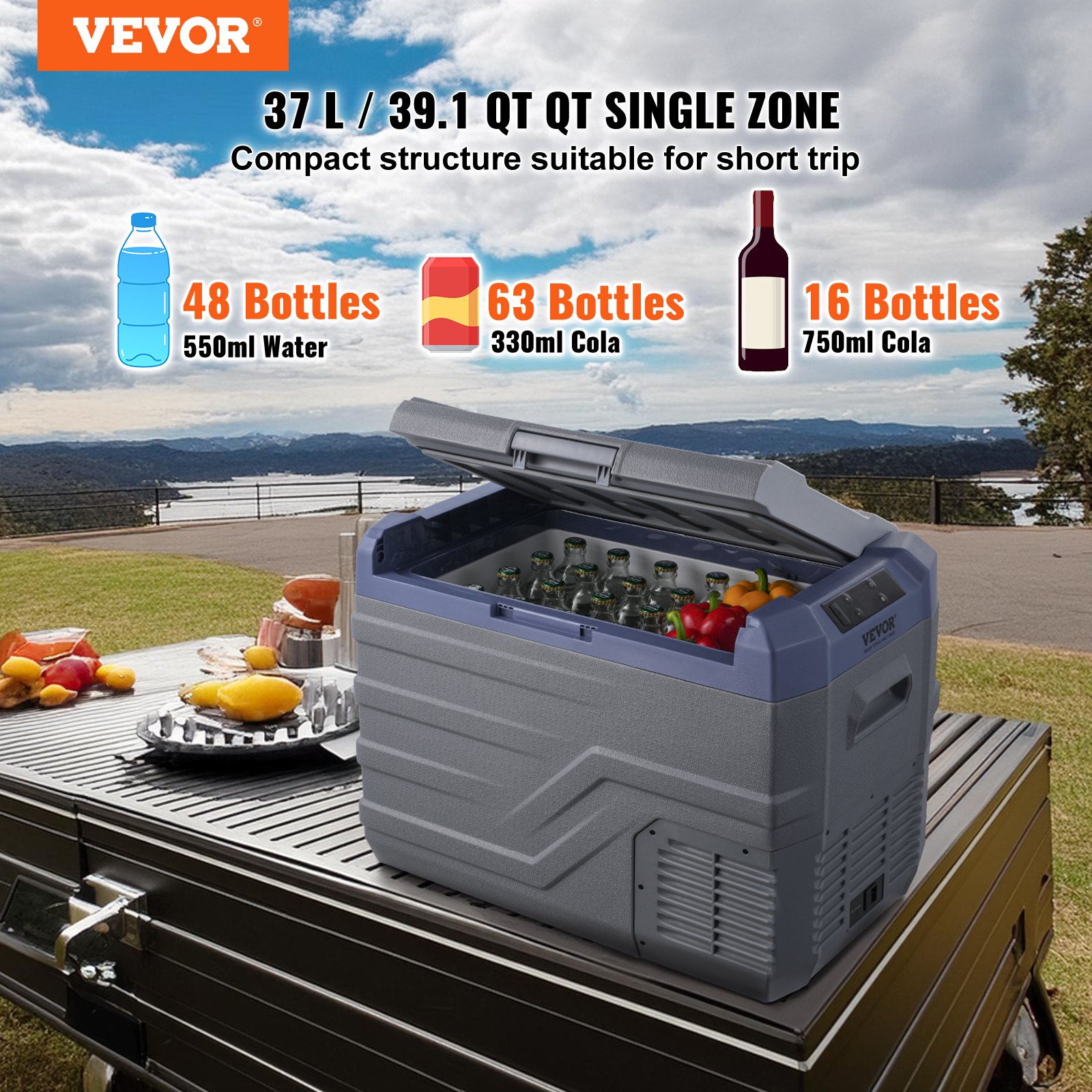 VEVOR Frigorifero per Auto, Frigo per Auto 12V, Congelatore Portatile a Zona Singola 37L con Luce Incorporata, -4℉-68℉, 12/24V DC e 100-240V AC Compressore per Esterni, Campeggio, Camper, RV
