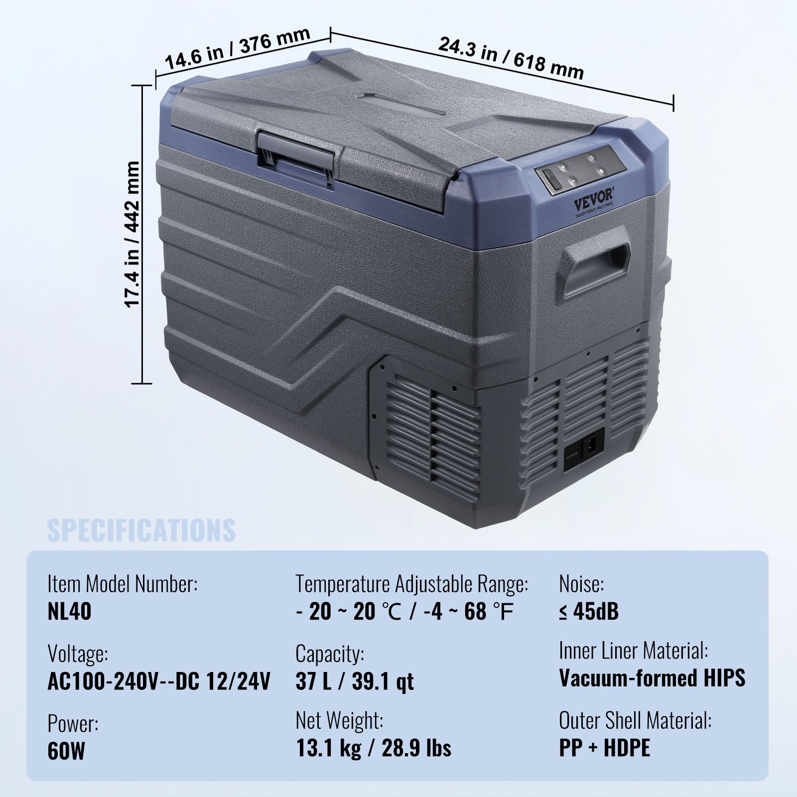 VEVOR Frigorifero per Auto, Frigo per Auto 12V, Congelatore Portatile a Zona Singola 37L con Luce Incorporata, -4℉-68℉, 12/24V DC e 100-240V AC Compressore per Esterni, Campeggio, Camper, RV