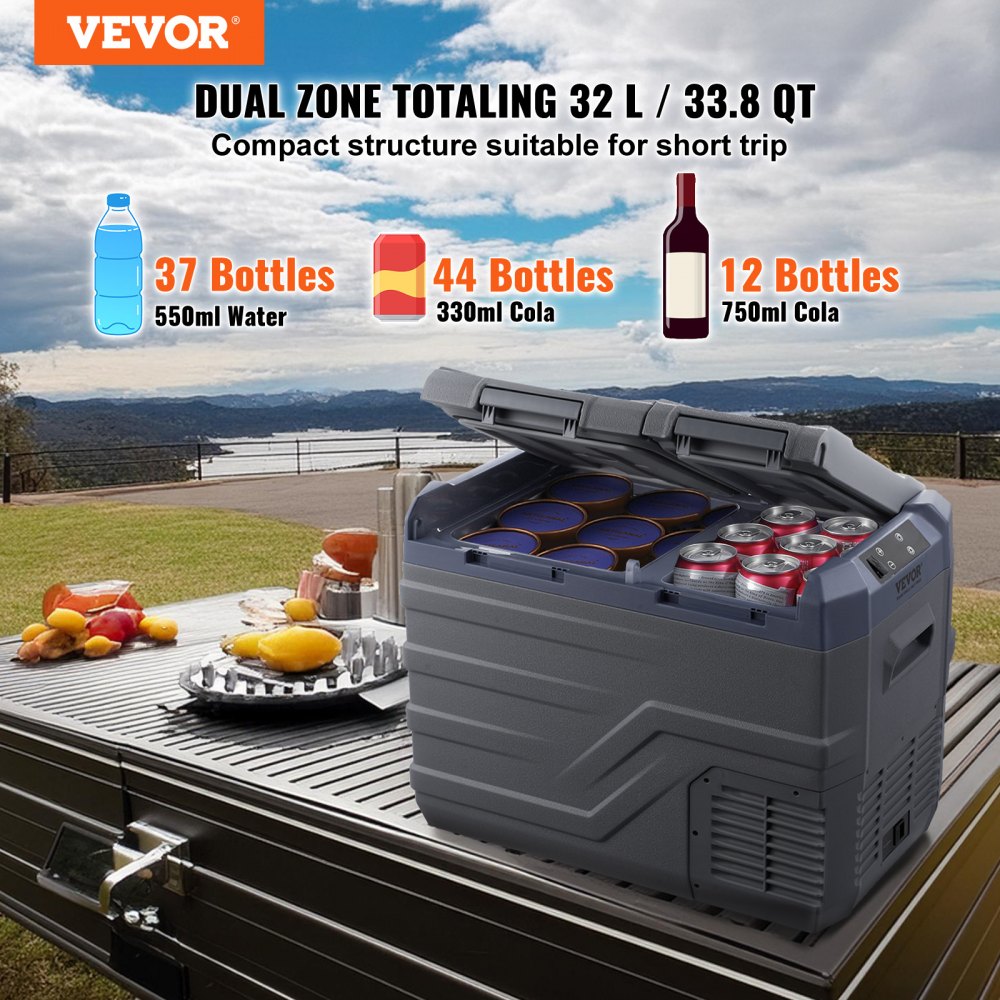VEVOR Car Refrigerator, Portable 32L Dual-Zone Freezer, 12V Car Refrigerator, Adjustable Temperature Range from -4℉ to 68℉, 12/24V DC and 100-240V AC Compressor Cooler for Camping, RV