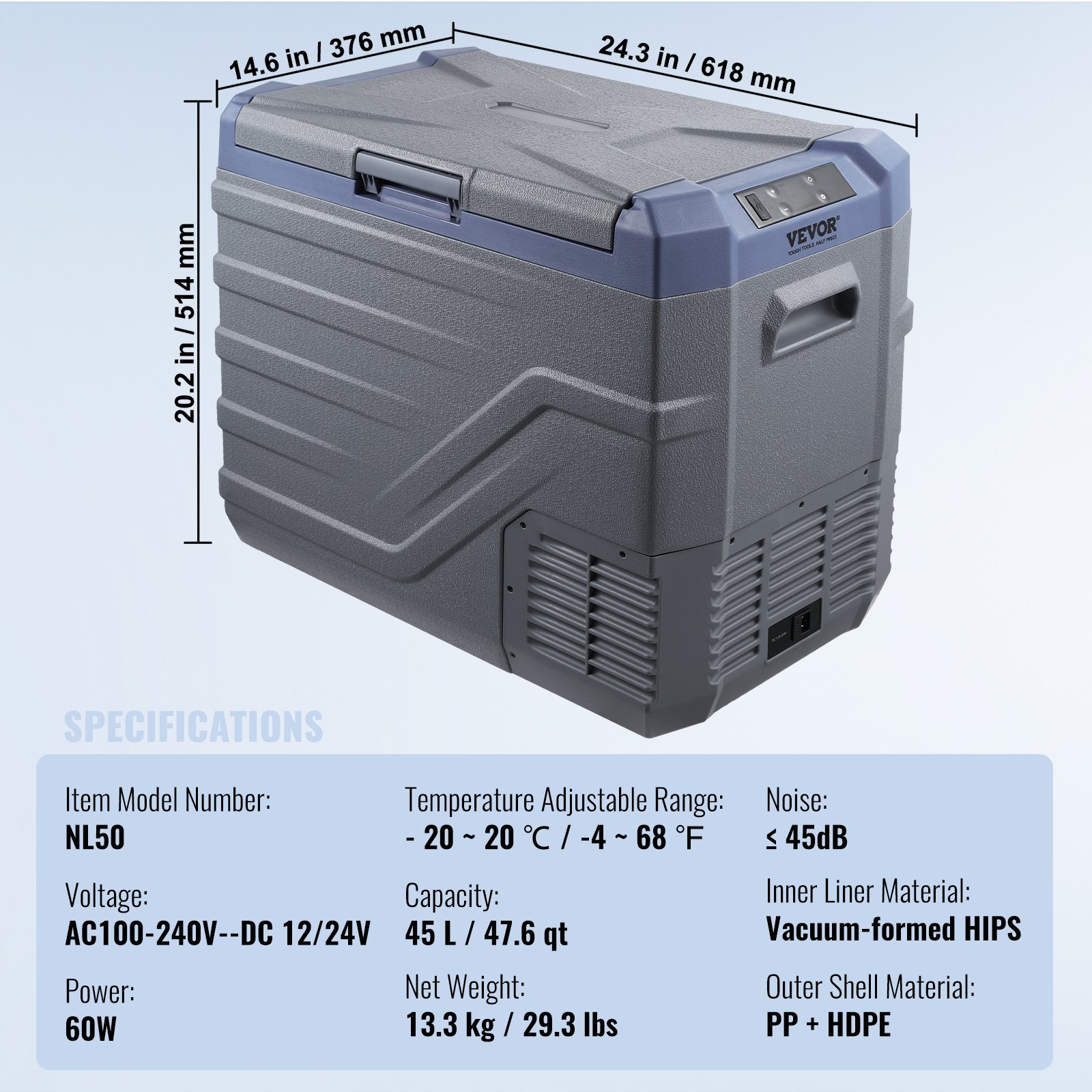 VEVOR Frigorifero per Auto, Frigo per Auto da 12 Volt, Congelatore Portatile a Zona Singola da 45 L con Luce Incorporata, 12/24V DC 100-240V AC Compressore per Esterno, Campeggio, Camper