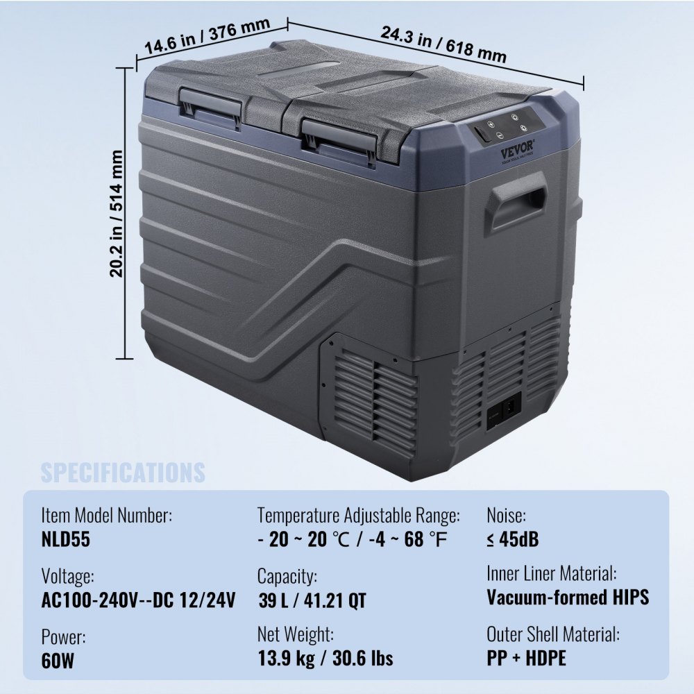 VEVOR Frigorifero per Auto, Congelatore Portatile Doppia Zona 40 L, 12 Volt, Gamma Regolabile da -20 ~ 20 ℃, Dispositivo di Raffreddamento a Compressore 12/24 V CC e 100-240 V CA per Campeggio Camper