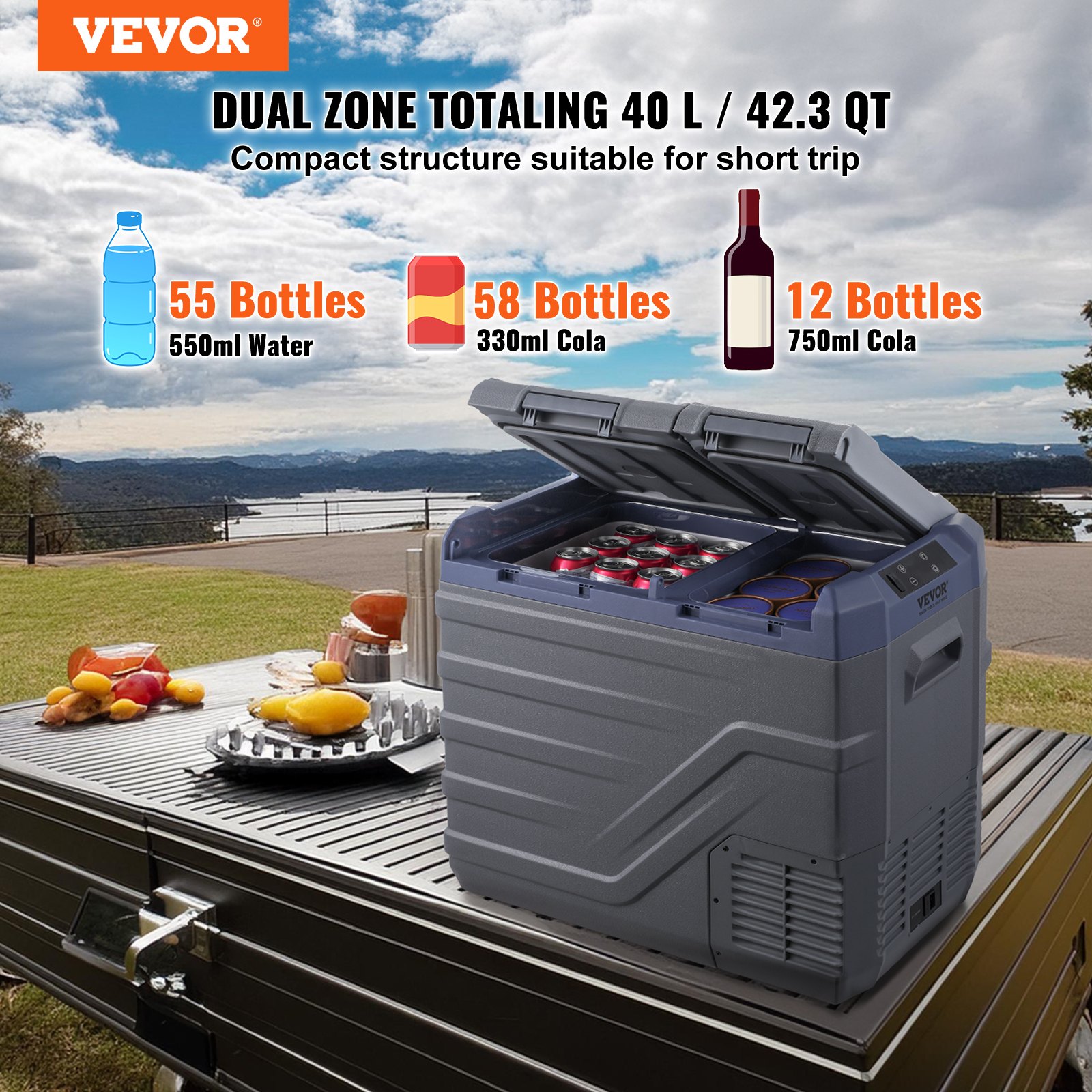VEVOR Frigorifero per Auto, Congelatore Portatile Doppia Zona 40 L, 12 Volt, Gamma Regolabile da -20 ~ 20 ℃, Dispositivo di Raffreddamento a Compressore 12/24 V CC e 100-240 V CA per Campeggio Camper