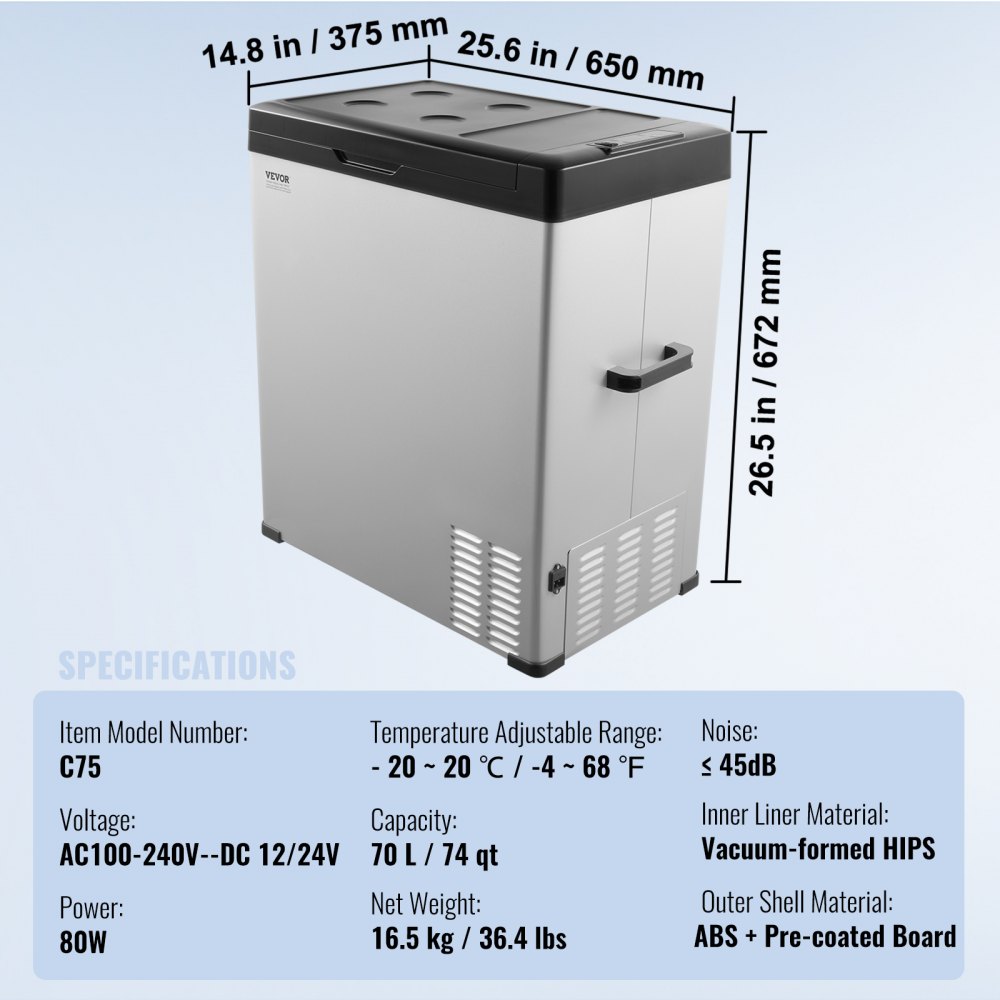 VEVOR Car Refrigerator, 12 Volt Car Refrigerator Fridge, 70 L Single Zone Portable Freezer, -4℉-68℉ Adjustable Range, 12/24V DC and 100-240V AC Compressor Cooler for Outdoor, Camping, RV