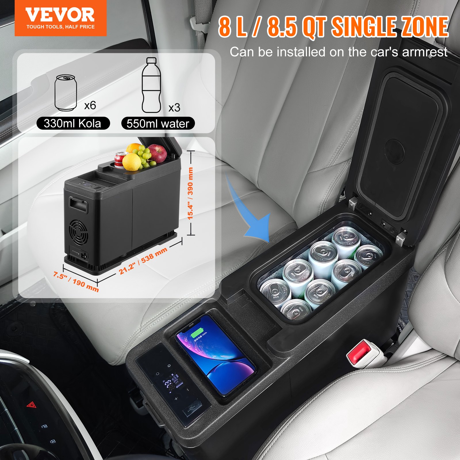 VEVOR Frigorifero per Auto, Frigorifero Bracciolo 12 V, Congelatore Zona Singola 8 L, Gamma Regolabile -20 ~ 20 ℃, Raffreddamento a Compressore 12/24 V CC e 100-240 V CA per Esterno, Campeggio