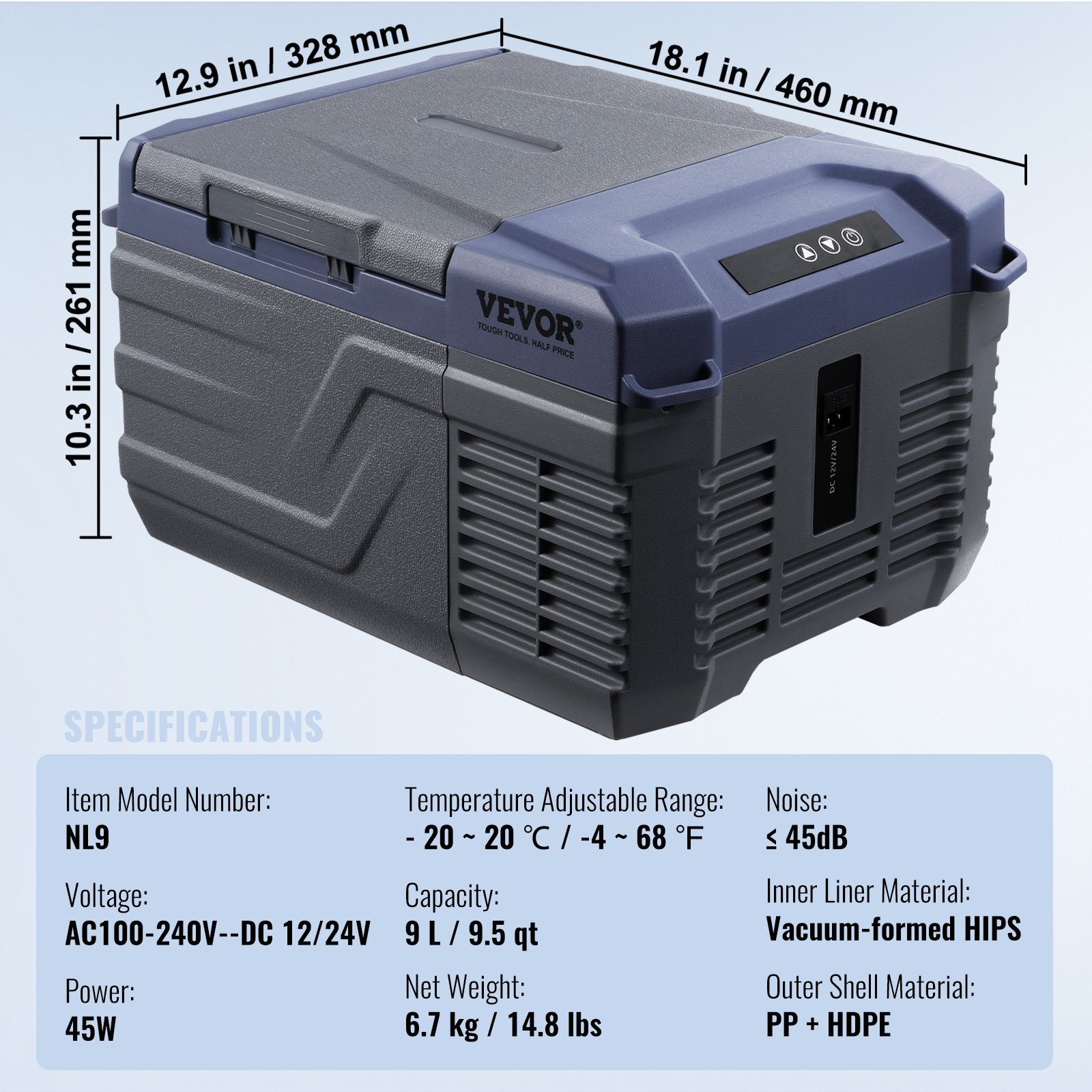 VEVOR Car Refrigerator, 12-Volt Car Refrigerator, Portable 9-Liter Single-Zone Freezer, Adjustable Range from -4℉ to 68℉, 12/24V DC and 100-240V AC Compressor Cooler for Outdoor, Camping, RV