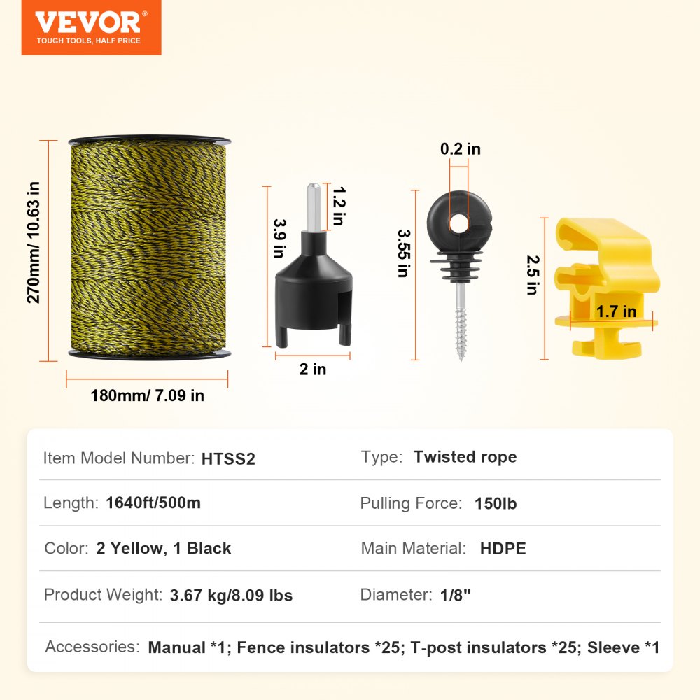 VEVOR Electric Fence Wire, 1640 feet (500 m) Portable Poly Wire, 1/8 Inch Diameter, 6 Stainless Steel Strands, Fence Rope with 25 Fence Insulators and 25 T-Post Insulators, for Horses, Cattle, Livestock