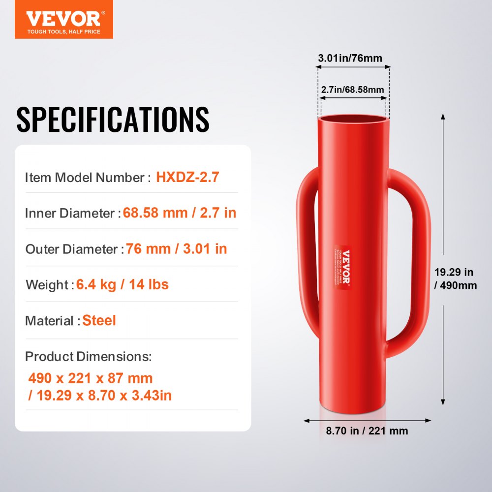 VEVOR Battipali per Recinti con Manici, Battipalo per Pali a T con Diametro interno 68,58 mm Battipalo Manuale in Acciaio al Carbonio per Impieghi Gravosi 6,4 kg per Canale a U, Palo di Legno, Rosso