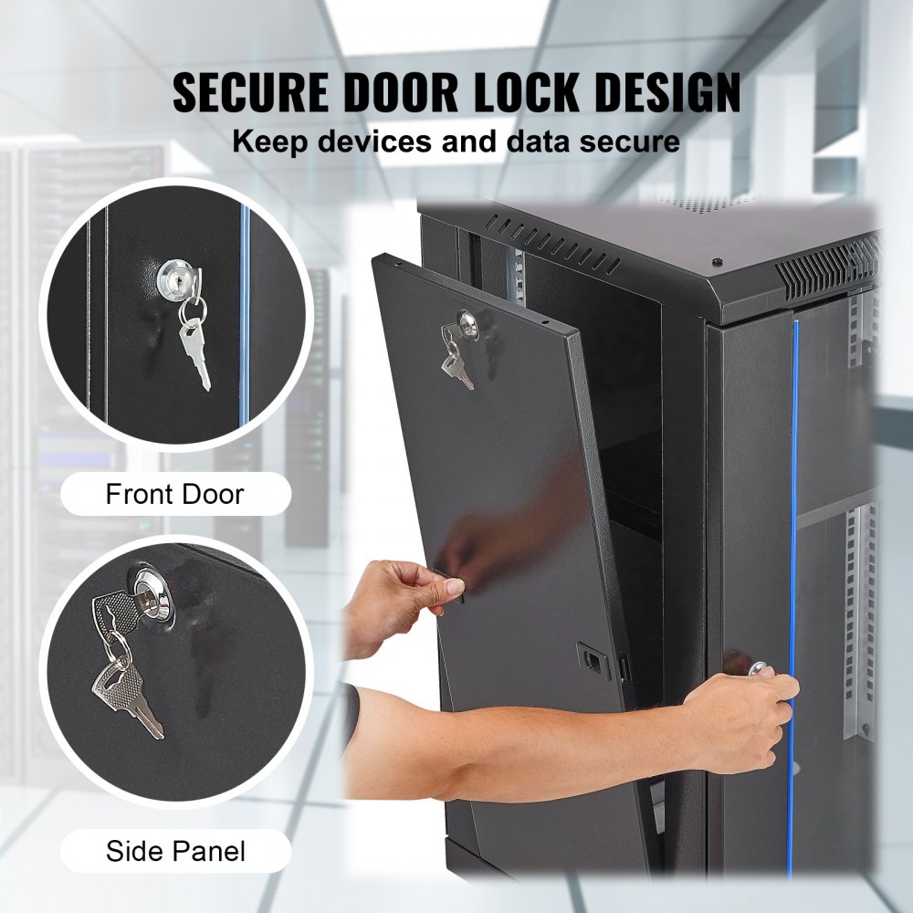 VEVOR 15U Wall-Mounted Server Cabinet, 500 lbs Max. Floor Load Capacity, Network Rack Enclosure with Casters, Lockable Tempered Glass Door, Q235 Carbon Steel for IT Equipment and A/V Devices