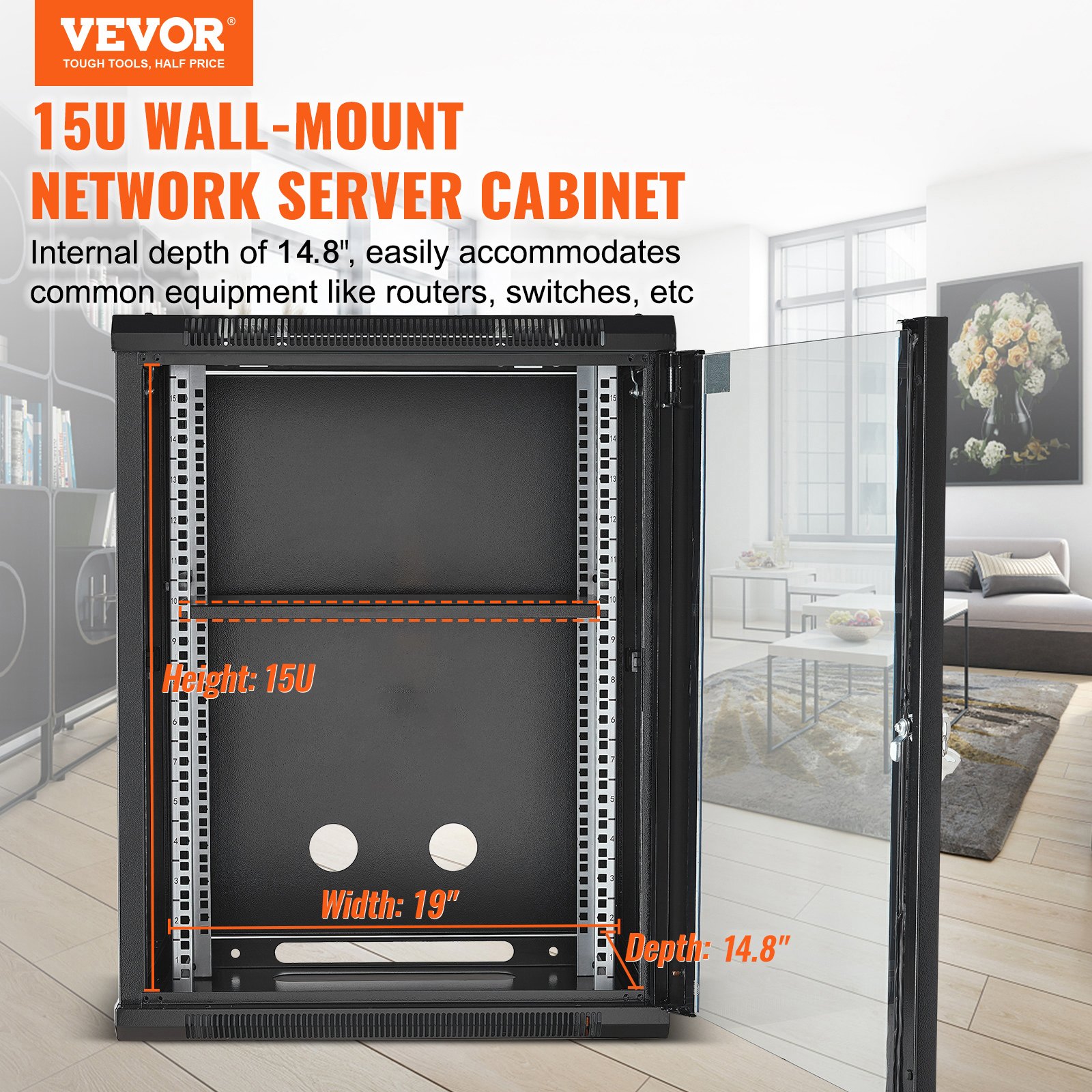 VEVOR Armadietto server rete montaggio a parete 15U carico da pavimento 226,8kg Profondità 45,7 cm