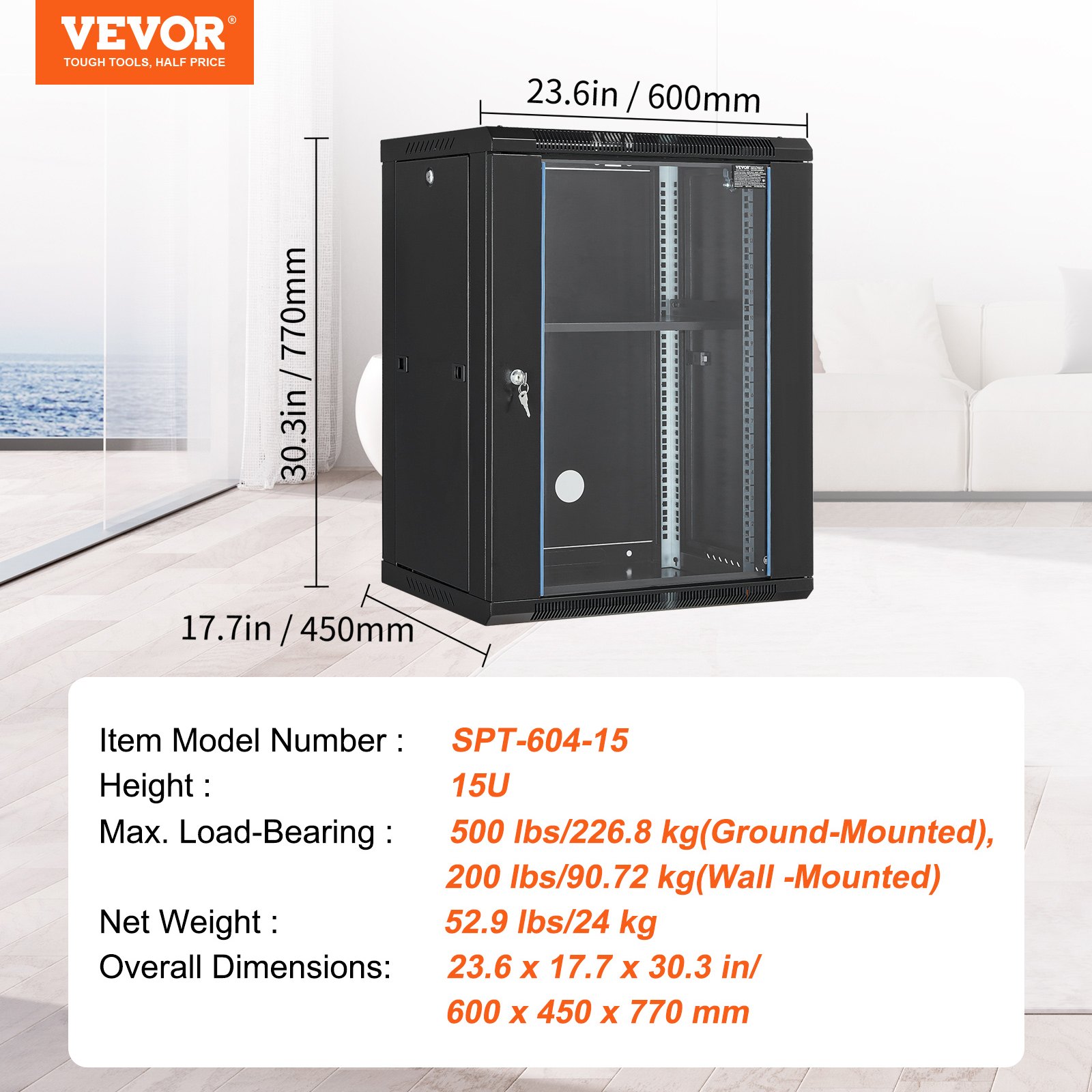 VEVOR Armadietto server rete montaggio a parete 15U carico da pavimento 226,8kg Profondità 45,7 cm